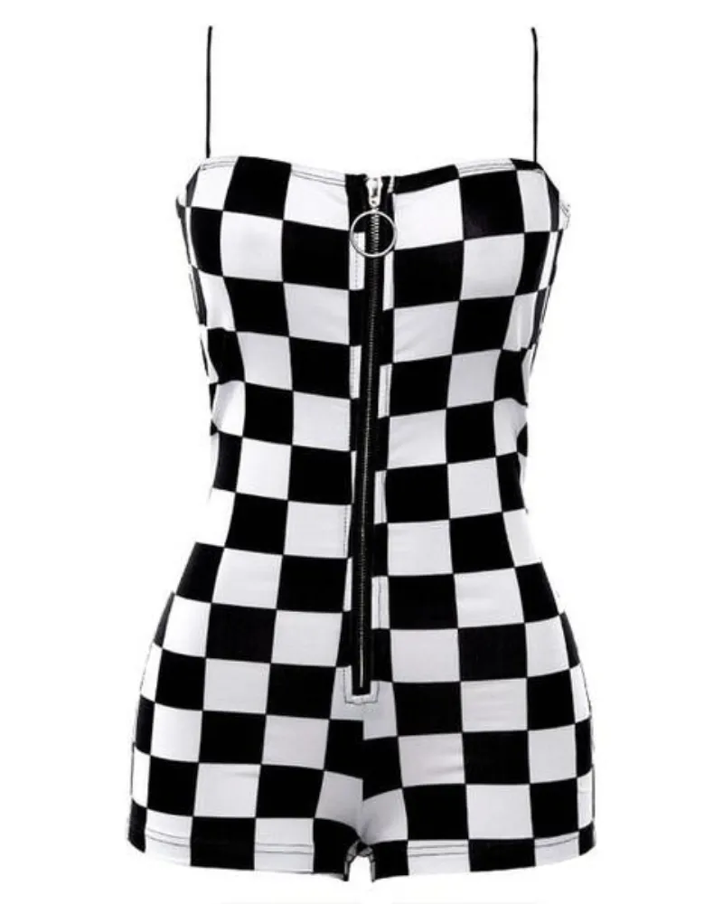 Techwear Buckle Belt Checkered Shorts Bodysuit