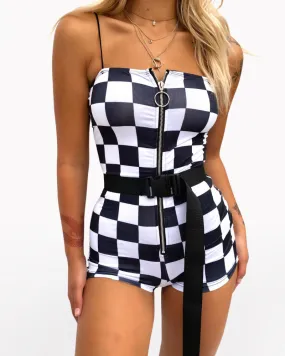 Techwear Buckle Belt Checkered Shorts Bodysuit
