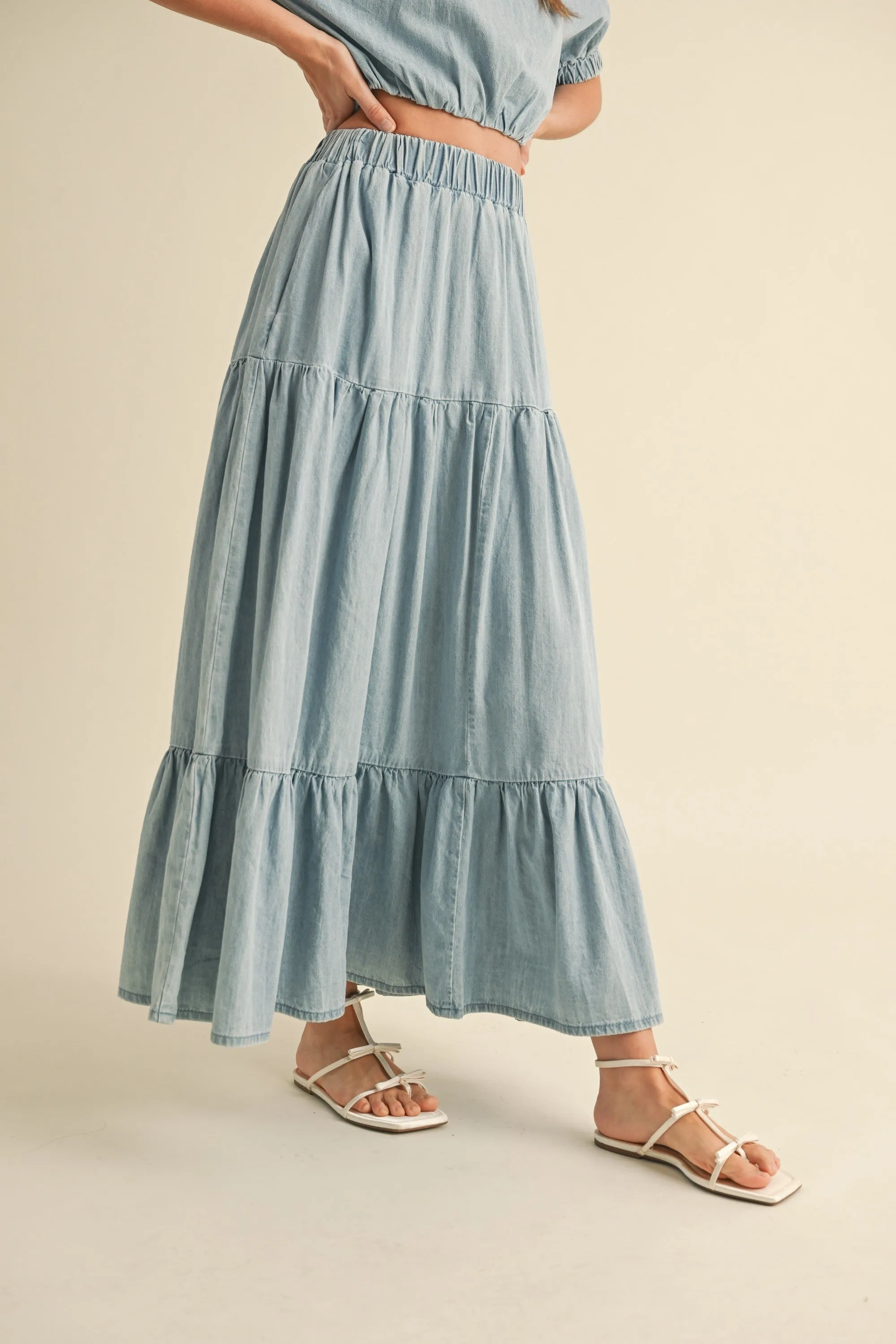 Tiered Denim Maxi Skirt