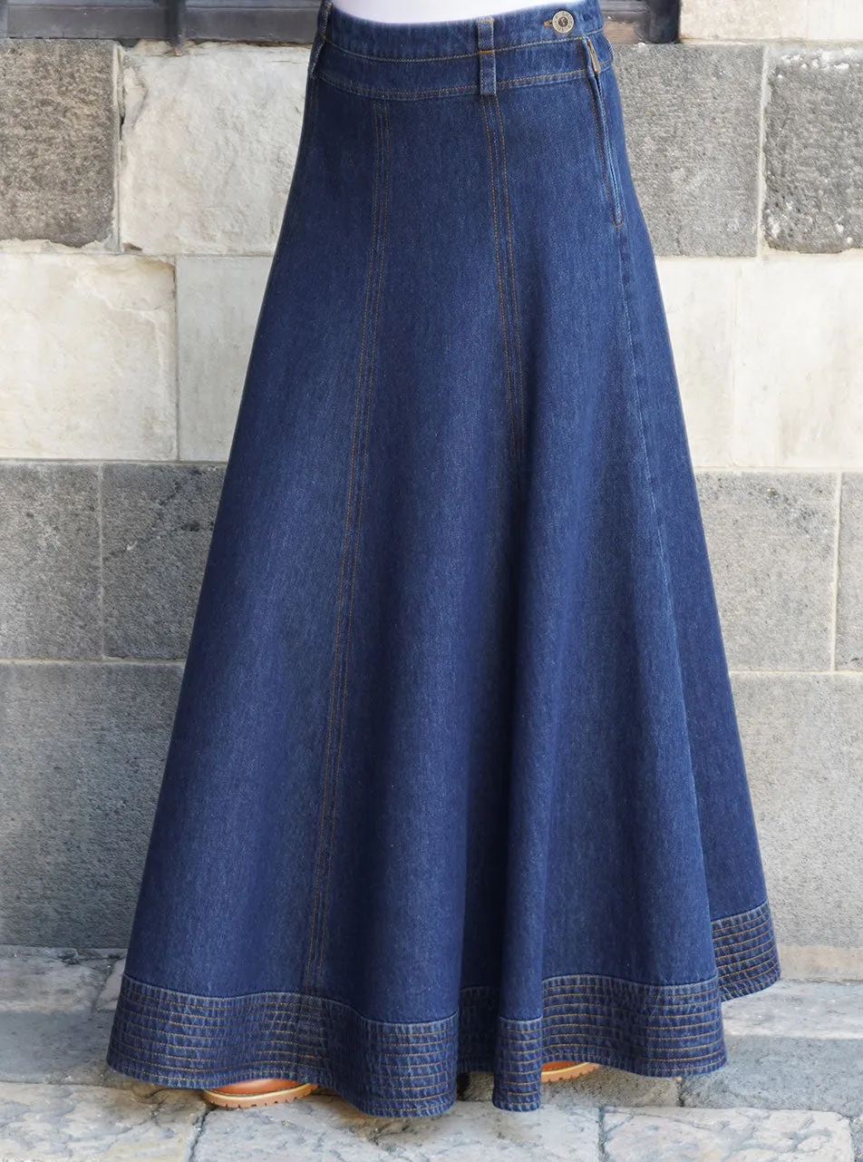 Topstitched Denim Maxi Skirt