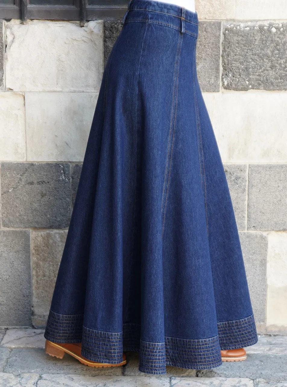 Topstitched Denim Maxi Skirt