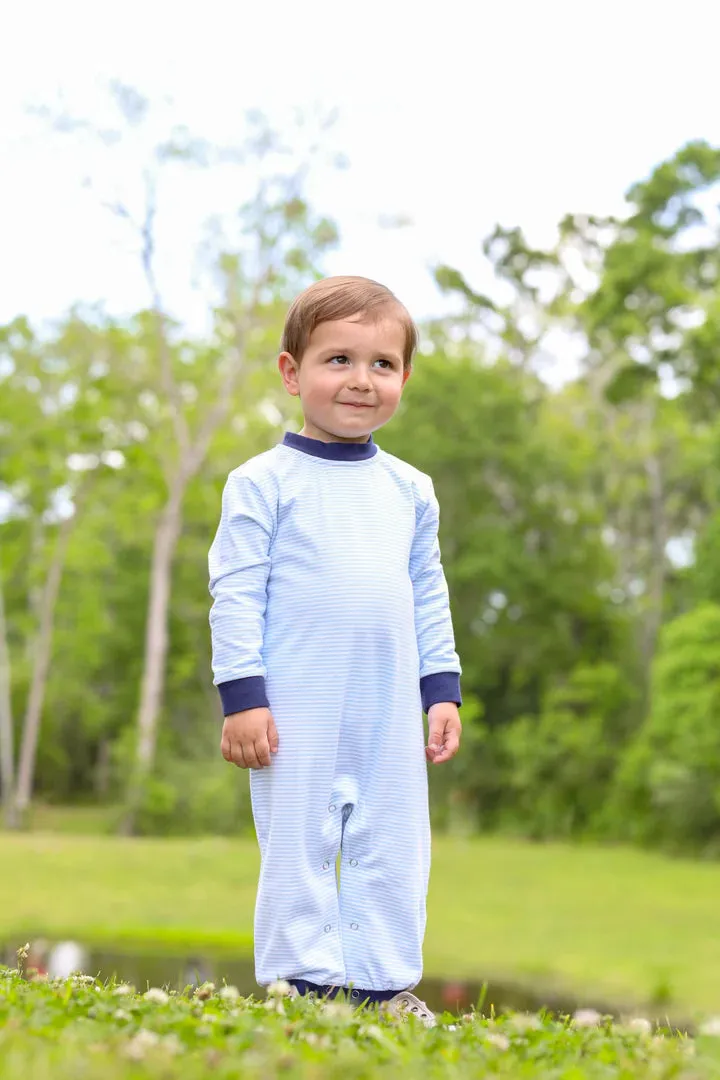 Trotter Street: Miller Romper - Light Blue Stripe/Navy