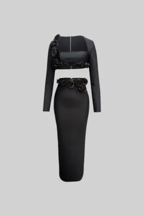 Two Piece Flower Detail Top and Maxi Skirt - Black