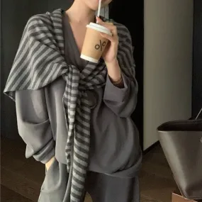V-Neck Plain Pullover / High Rise Wide Leg Sweatpants / Striped Shawl / Set
