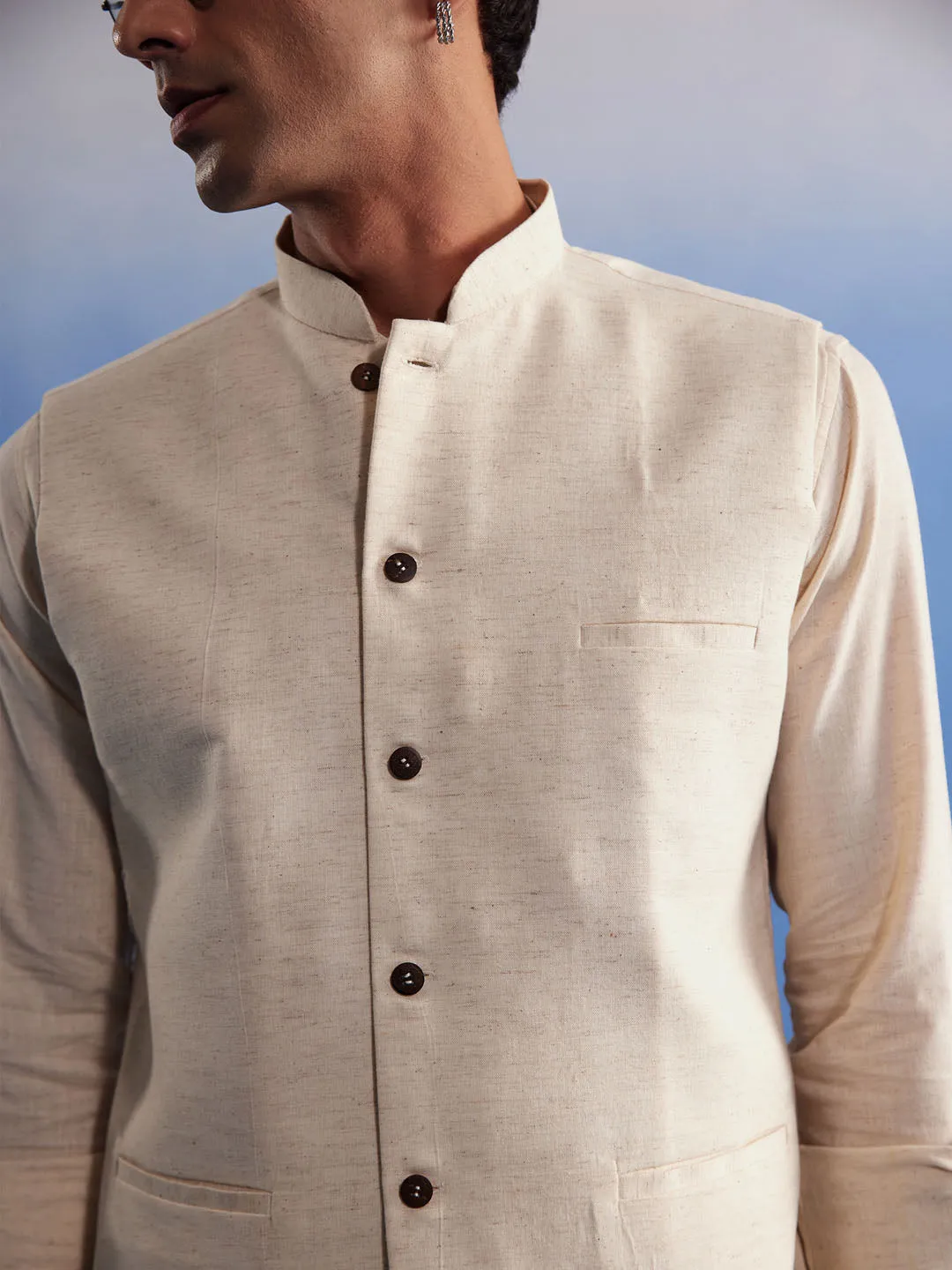 Vastramay Men's Cream Pure Cotton Nehru Jacket