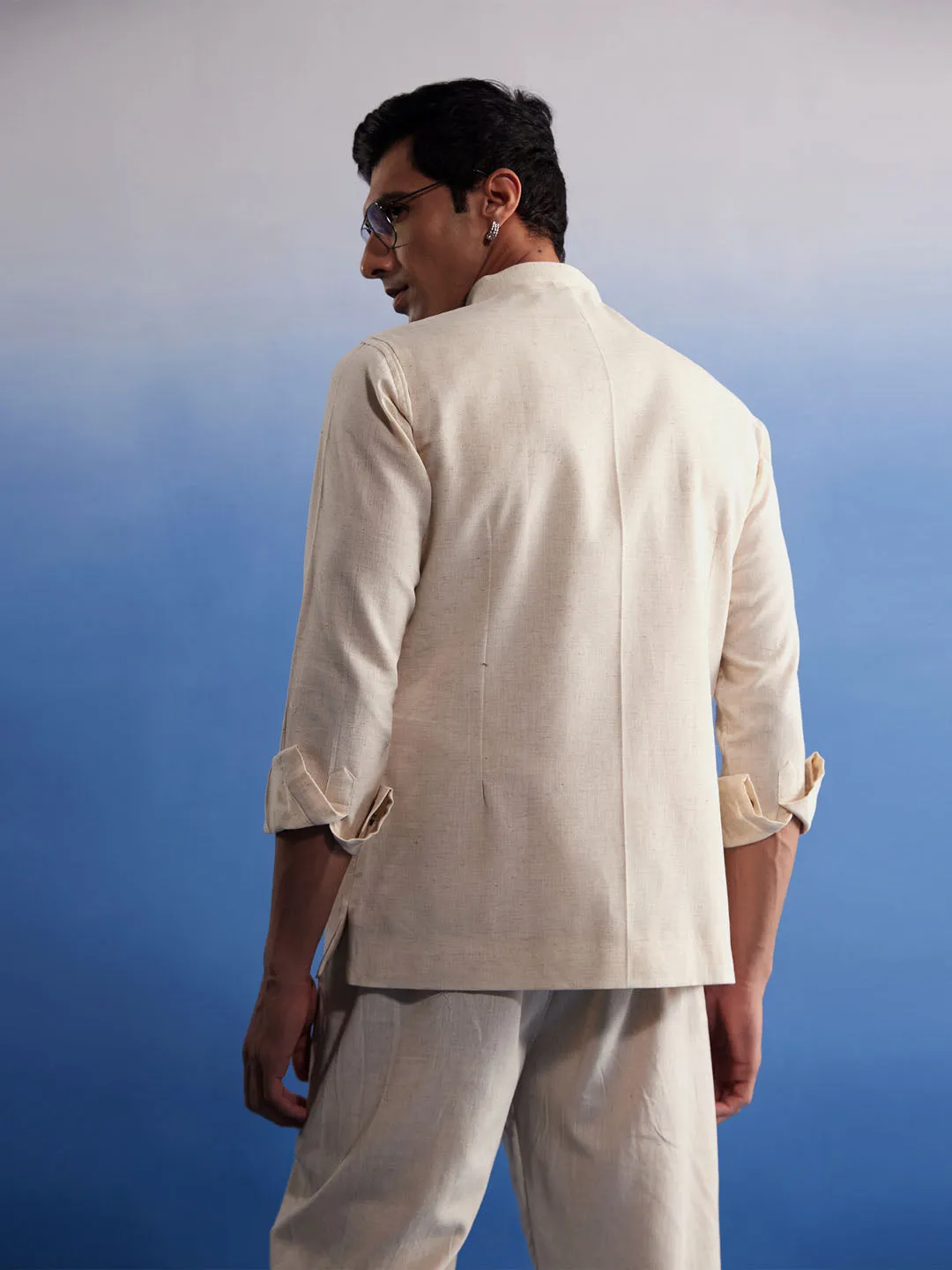 Vastramay Men's Cream Pure Cotton Nehru Jacket