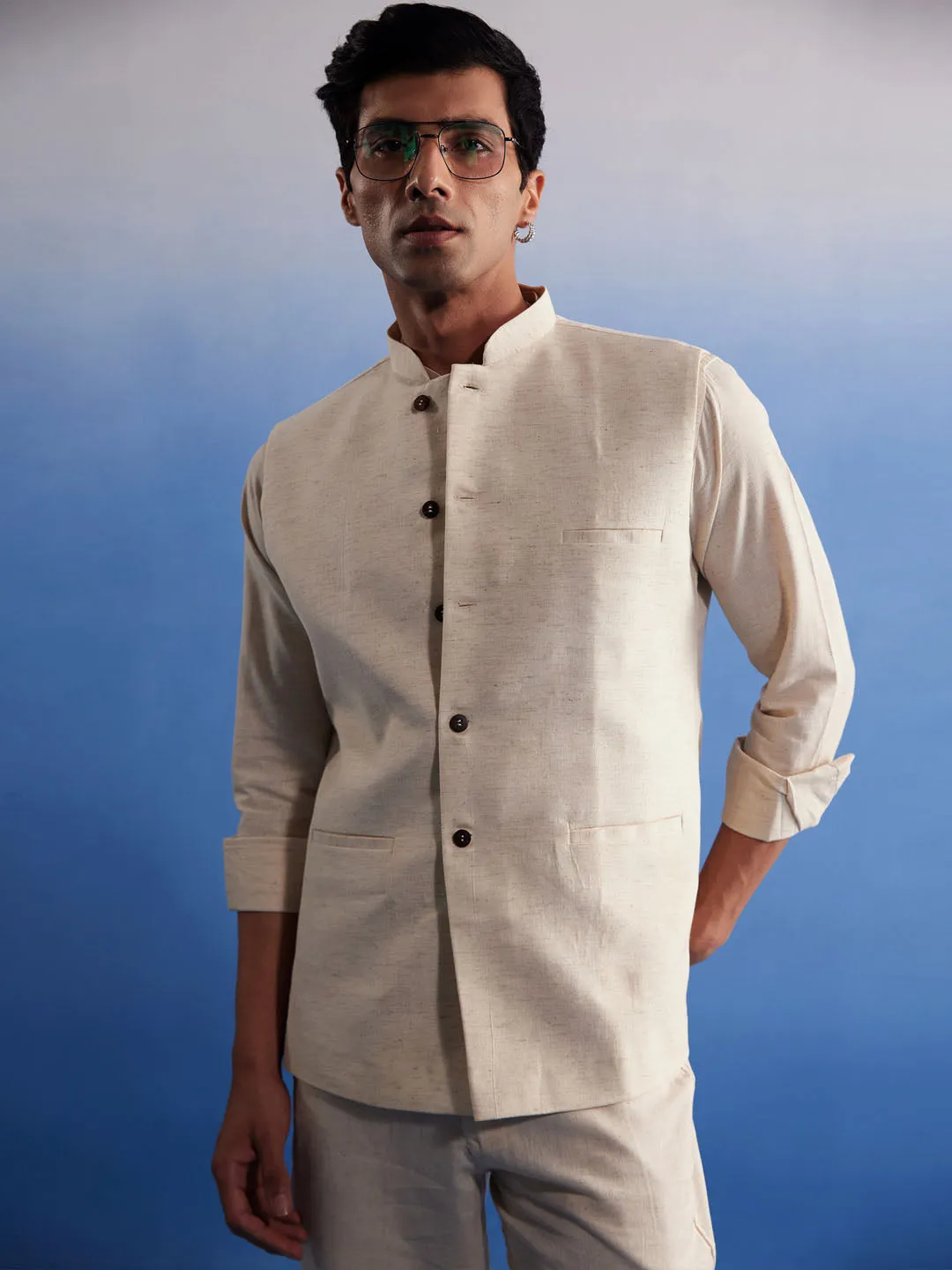 Vastramay Men's Cream Pure Cotton Nehru Jacket
