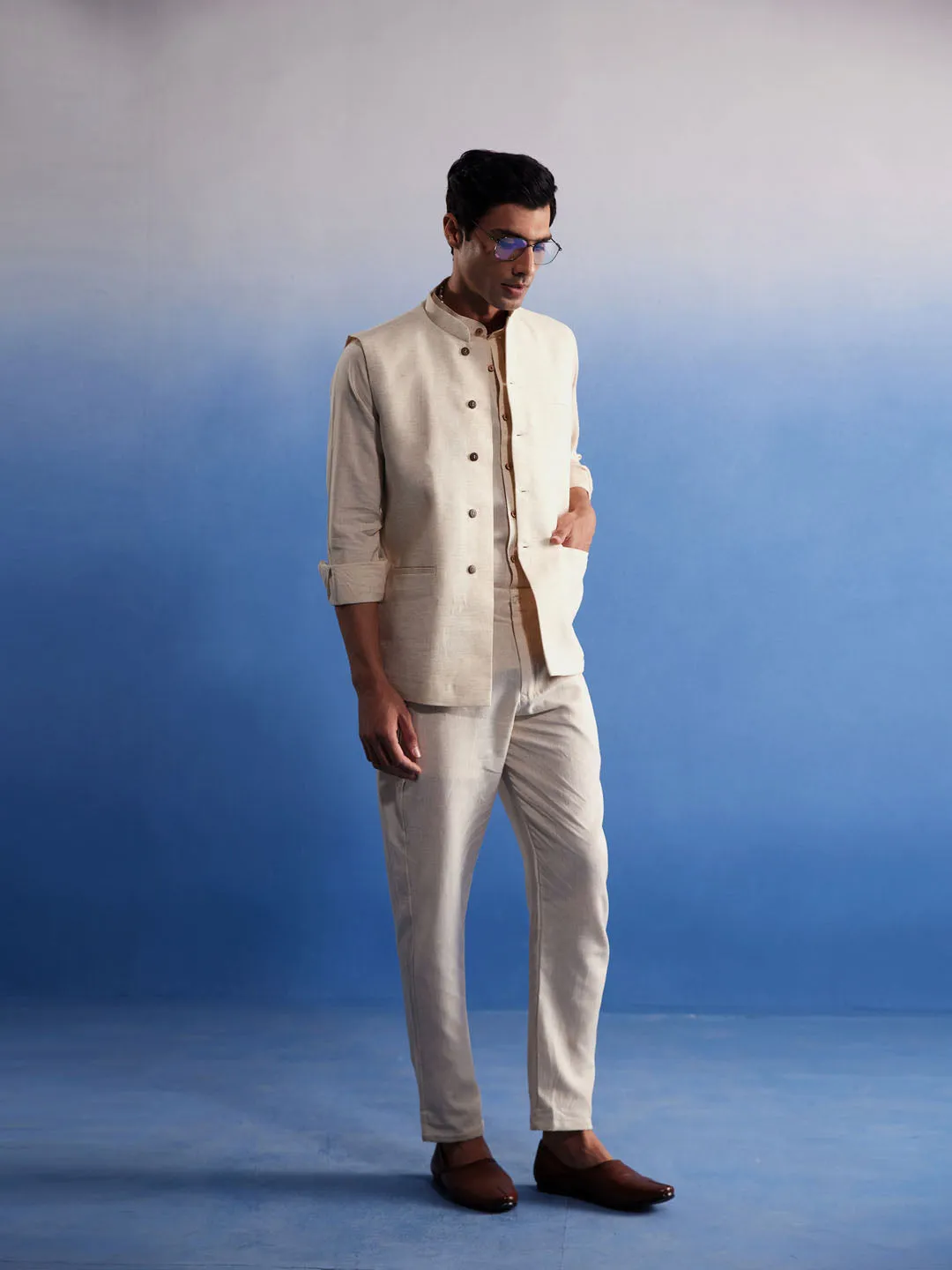Vastramay Men's Cream Pure Cotton Nehru Jacket
