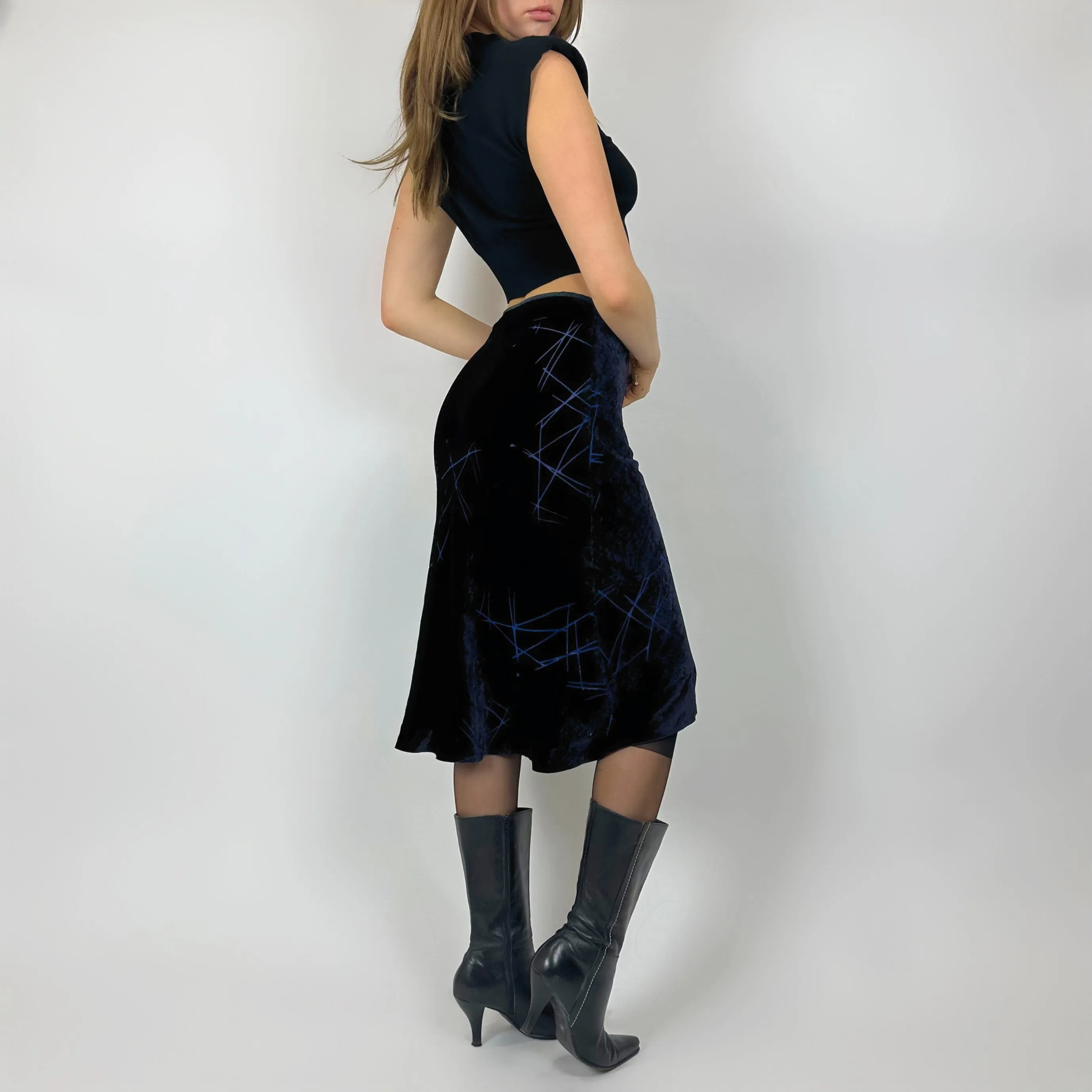 Vintage Deep Blue Velvet Midi Skirt (xs)
