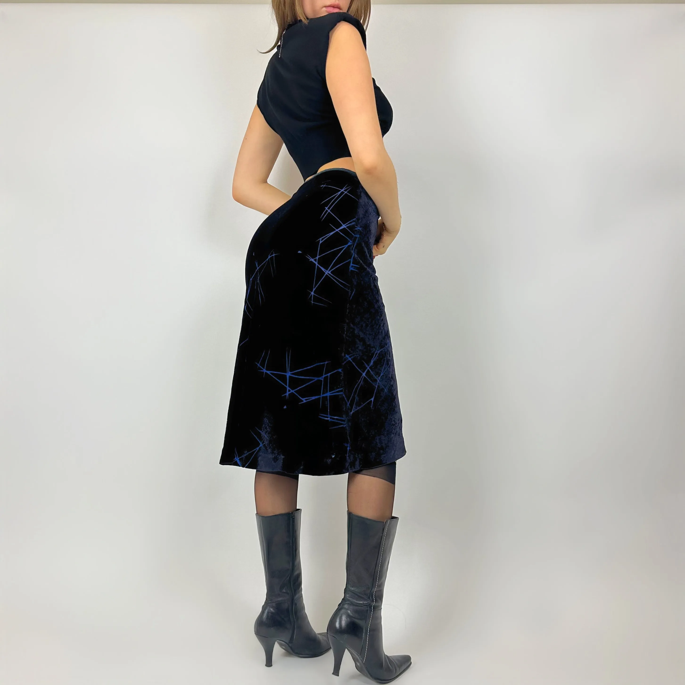 Vintage Deep Blue Velvet Midi Skirt (xs)