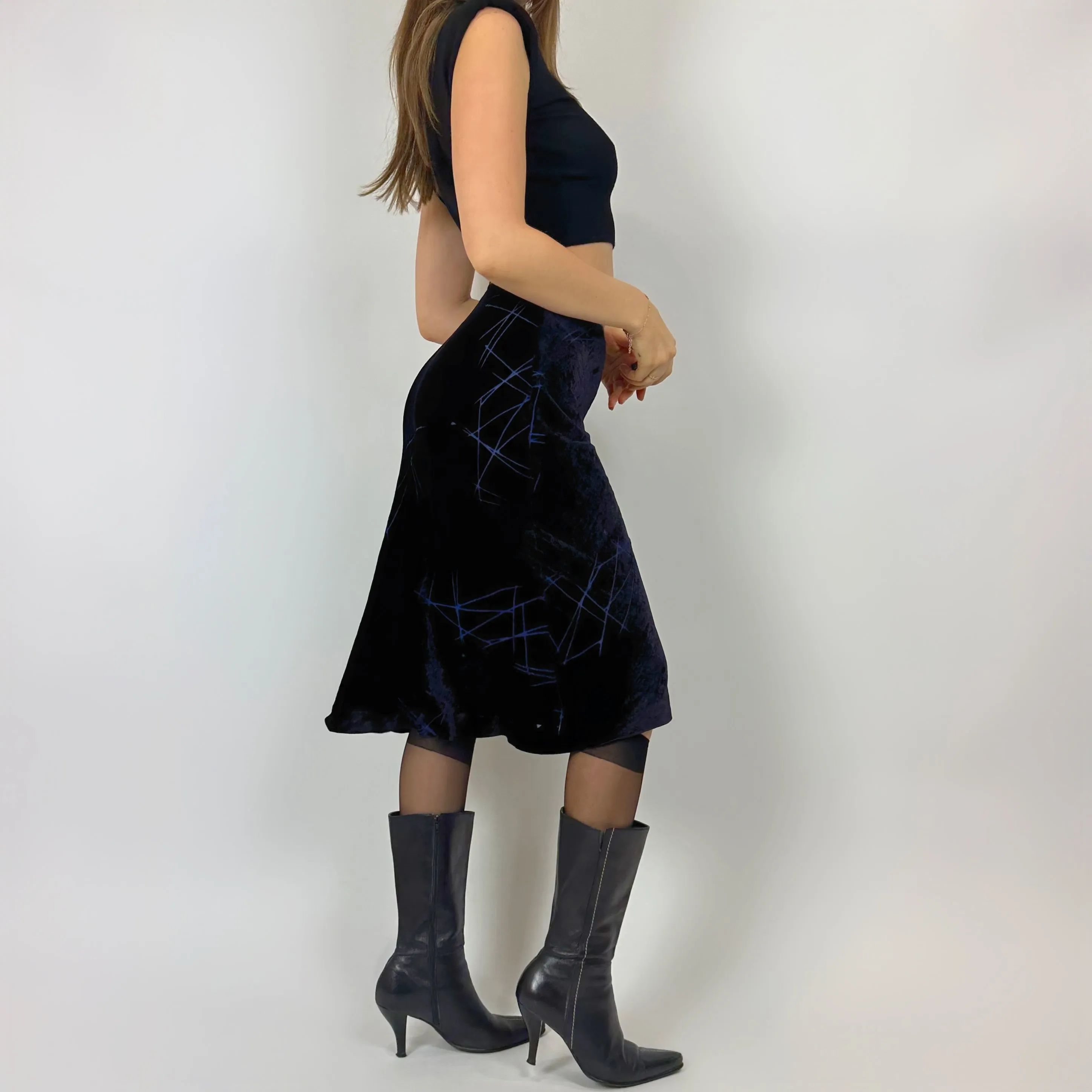 Vintage Deep Blue Velvet Midi Skirt (xs)