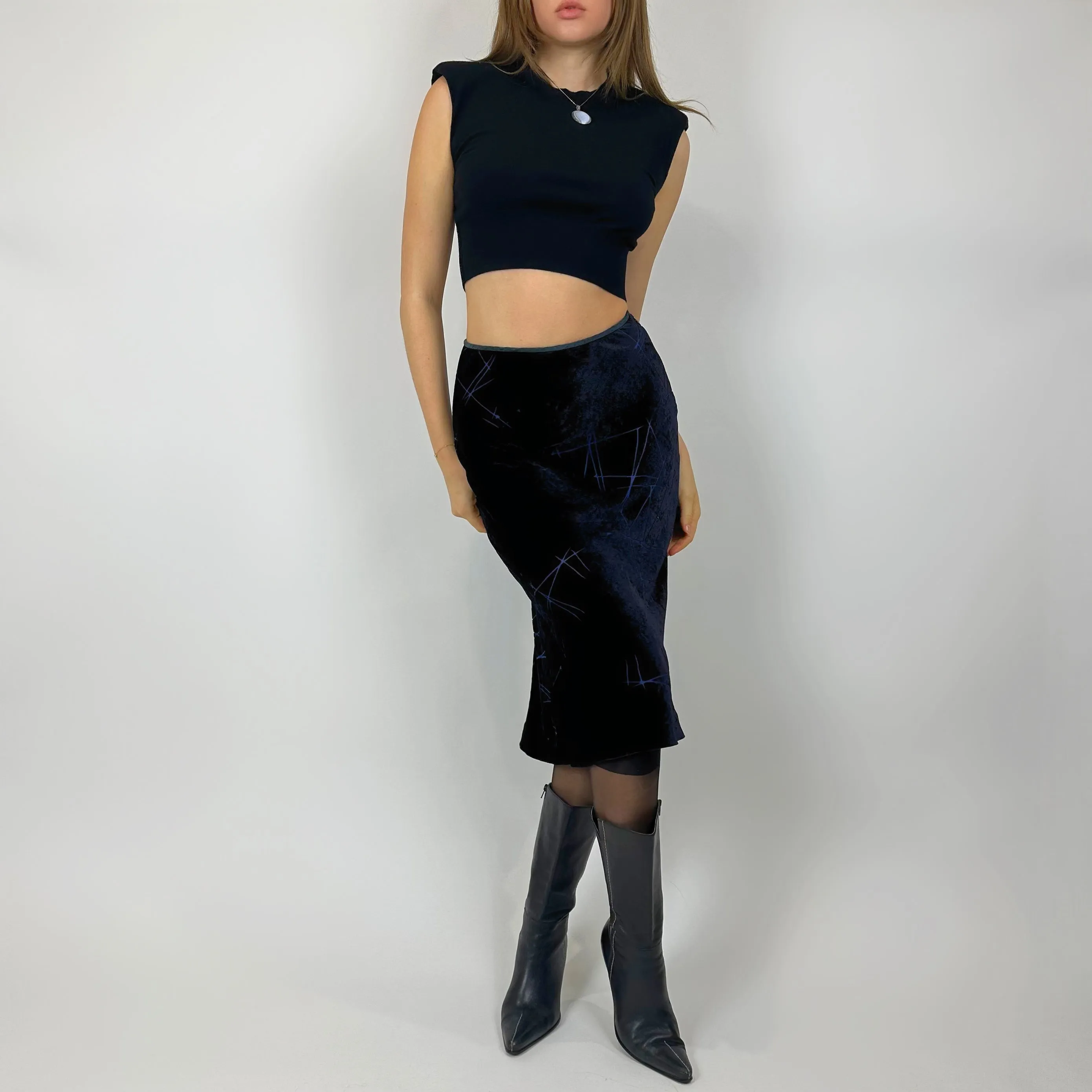 Vintage Deep Blue Velvet Midi Skirt (xs)