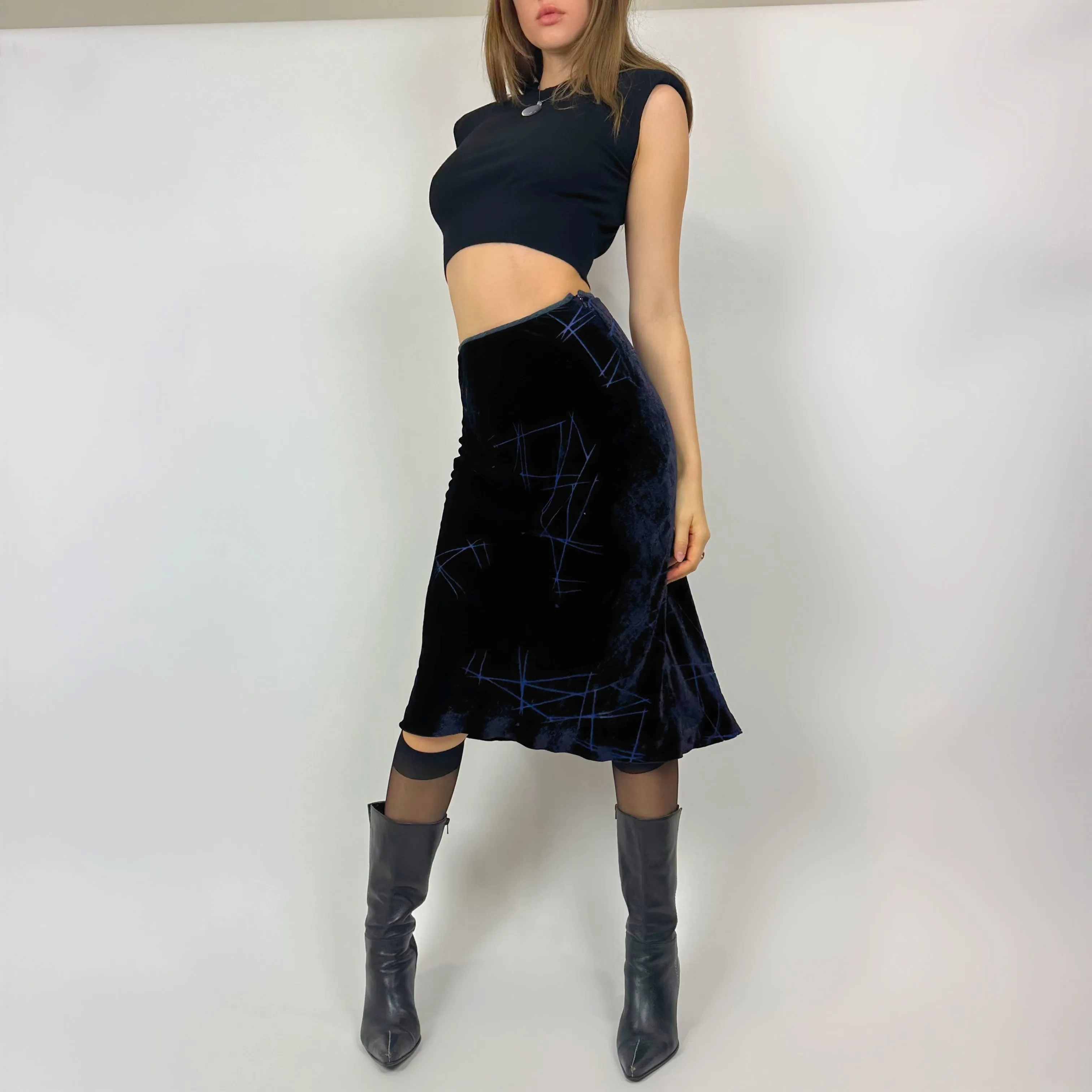 Vintage Deep Blue Velvet Midi Skirt (xs)