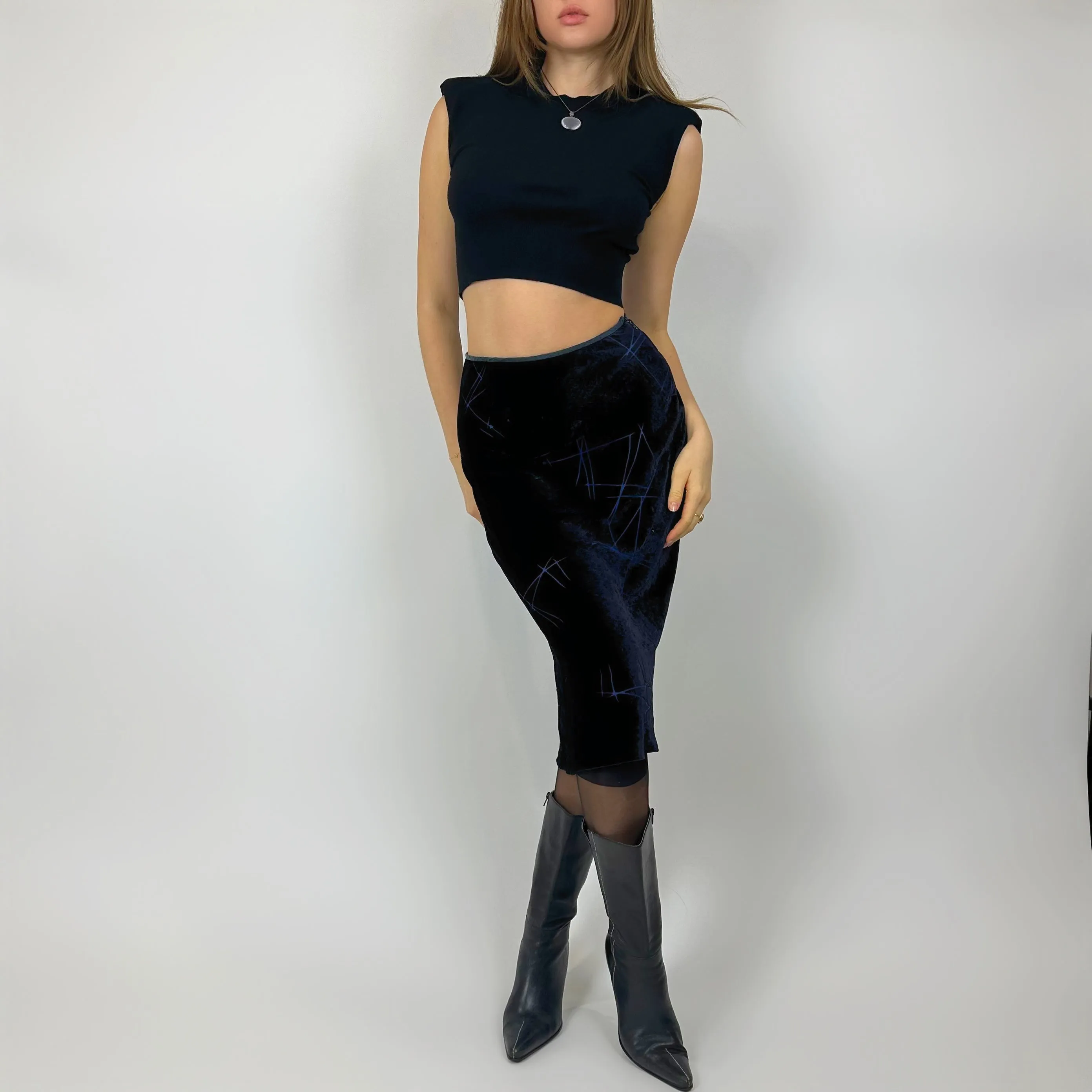 Vintage Deep Blue Velvet Midi Skirt (xs)