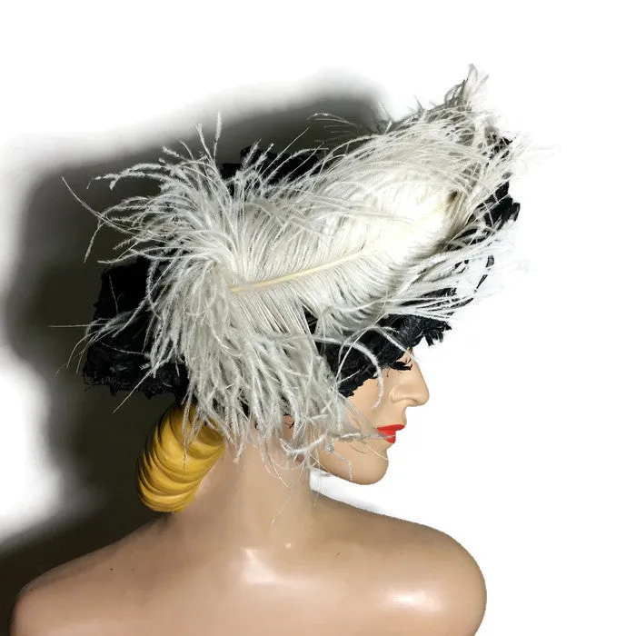Wide Brim Black Raffia and Lace Woven Hat with Ostrich Plume circa Early 1900s