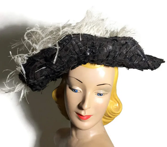 Wide Brim Black Raffia and Lace Woven Hat with Ostrich Plume circa Early 1900s