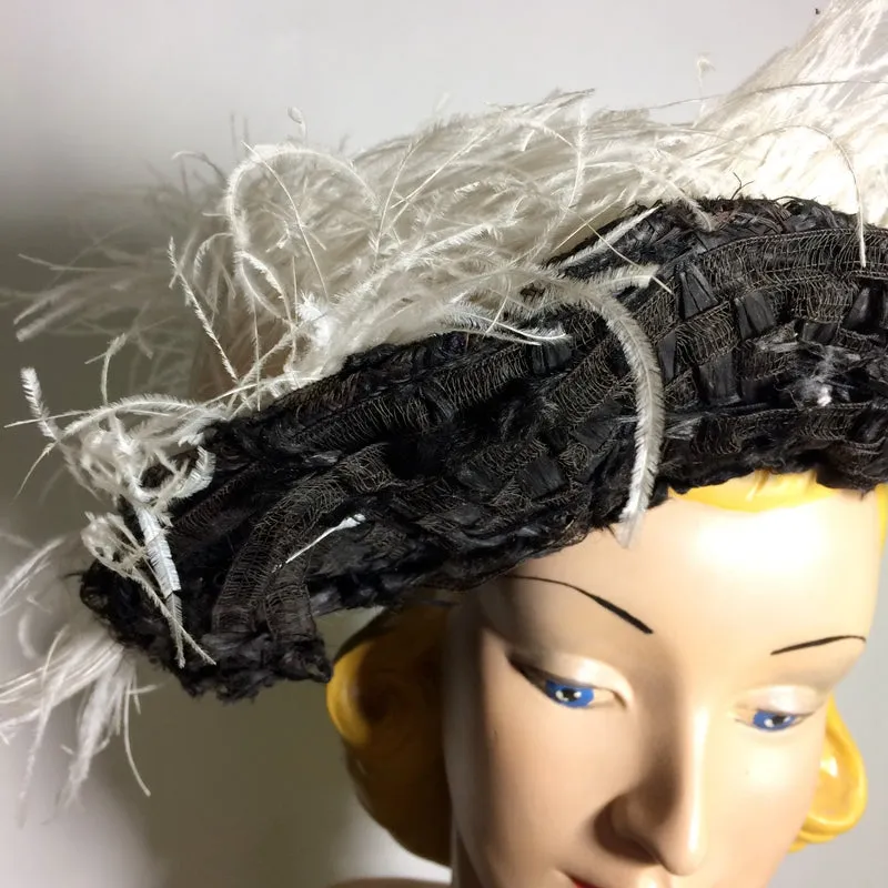 Wide Brim Black Raffia and Lace Woven Hat with Ostrich Plume circa Early 1900s