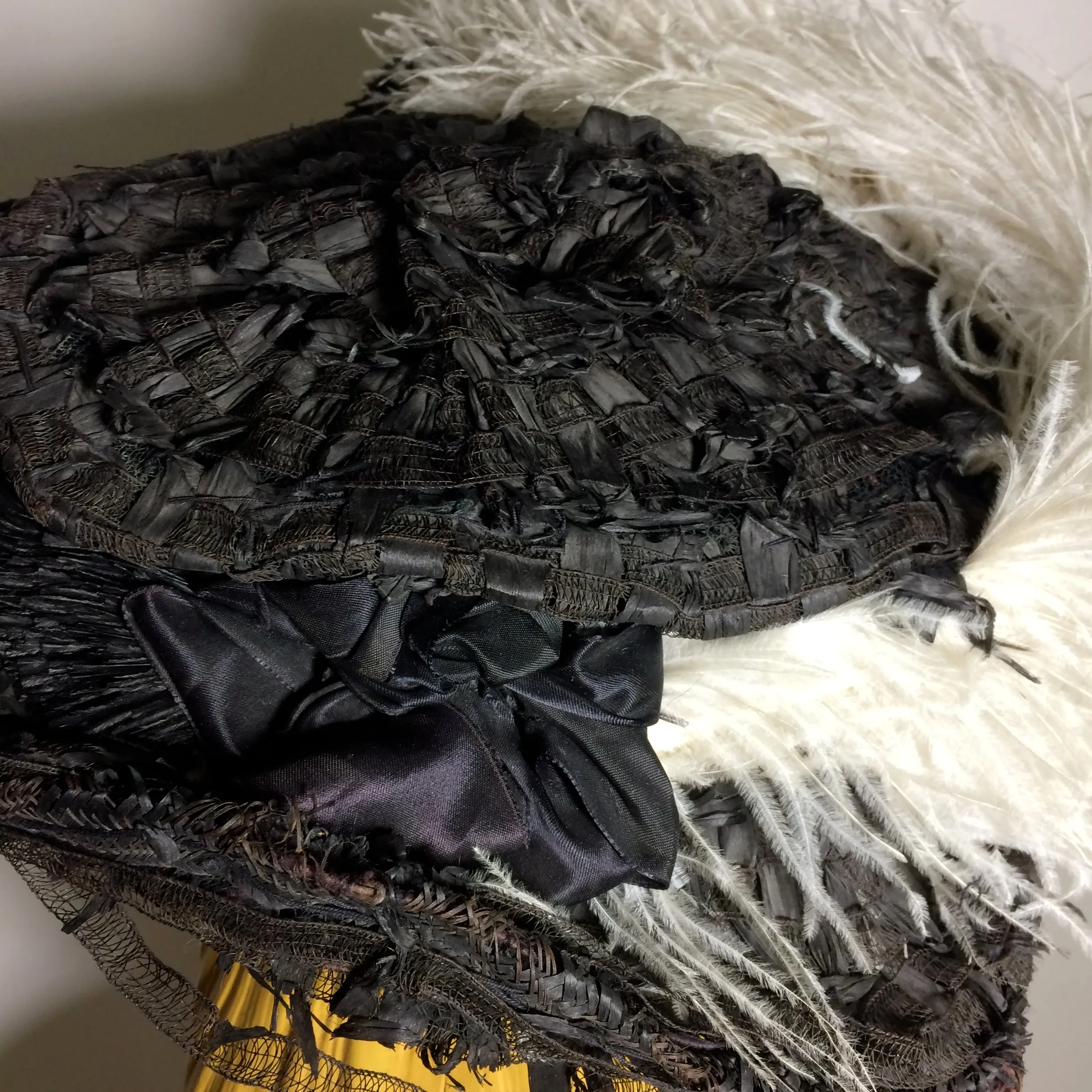 Wide Brim Black Raffia and Lace Woven Hat with Ostrich Plume circa Early 1900s