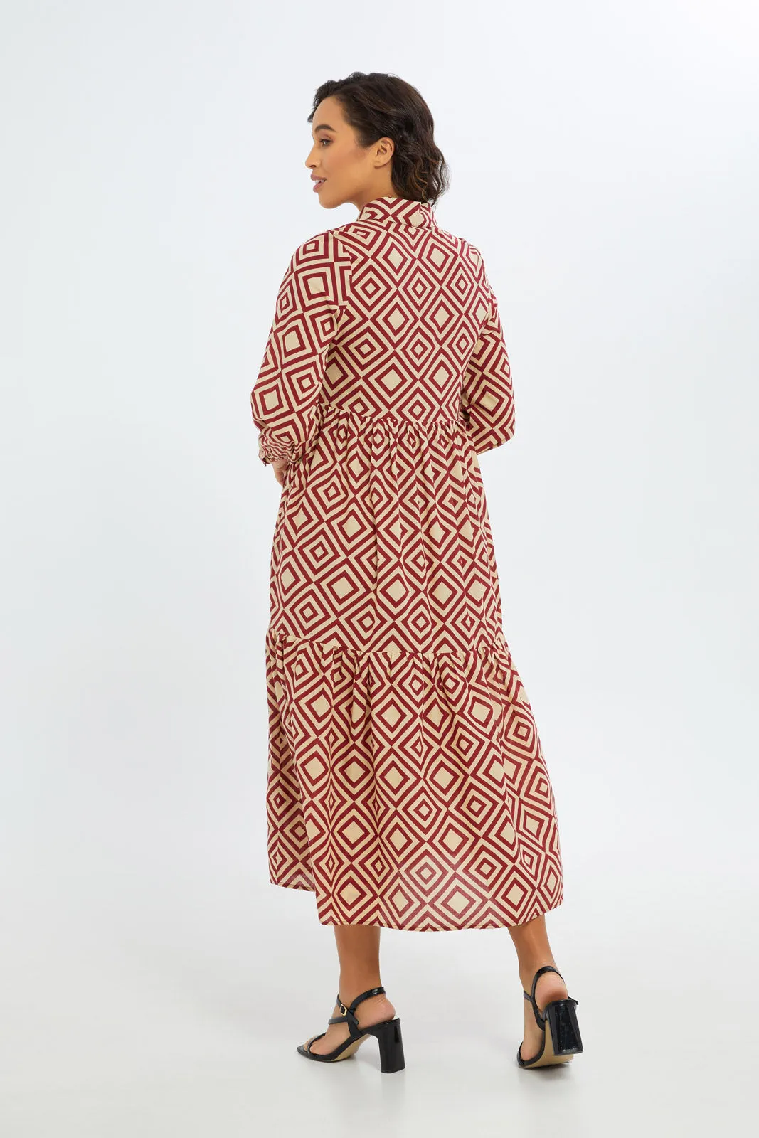 Women Brown And White Printed Tiered Dress