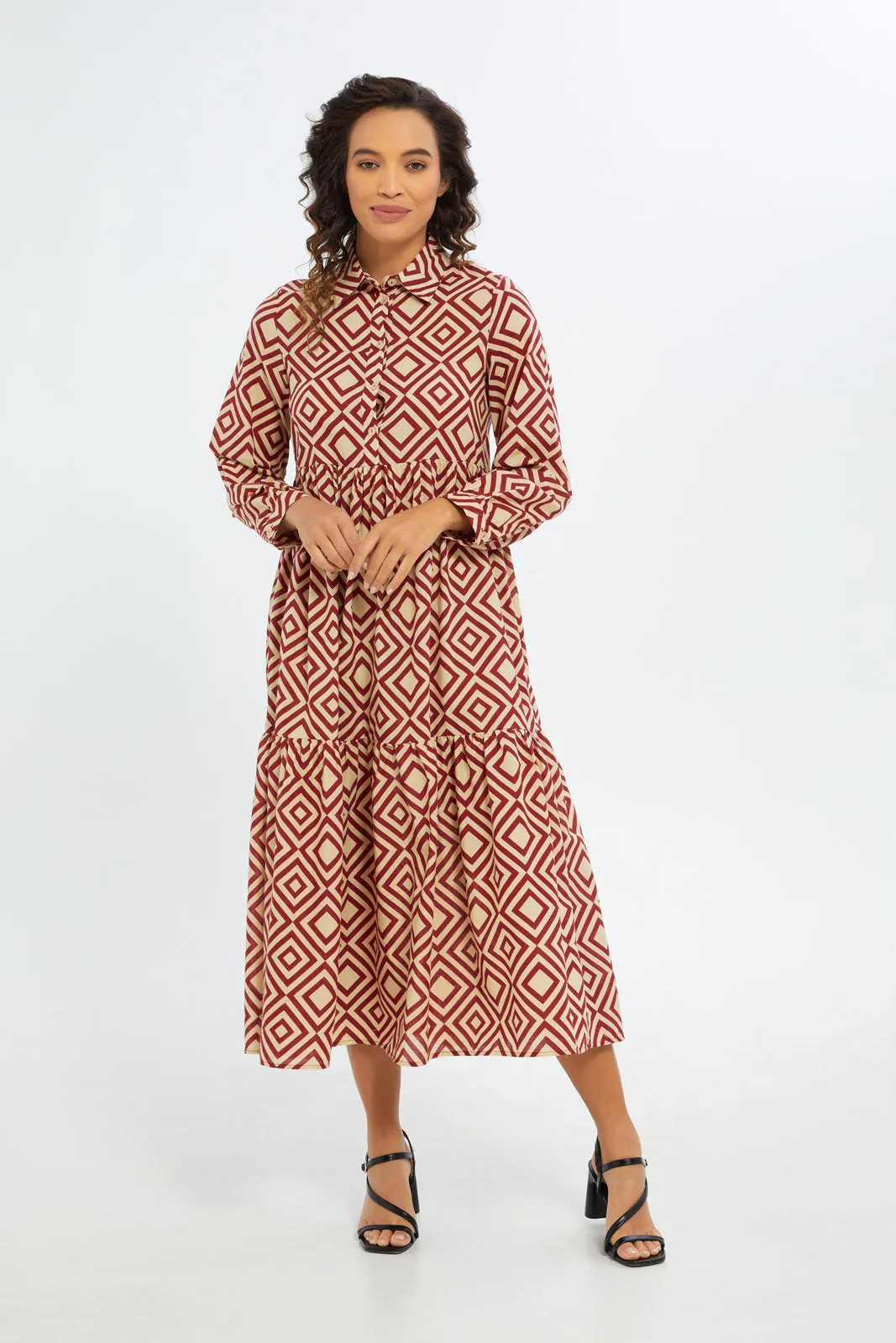 Women Brown And White Printed Tiered Dress