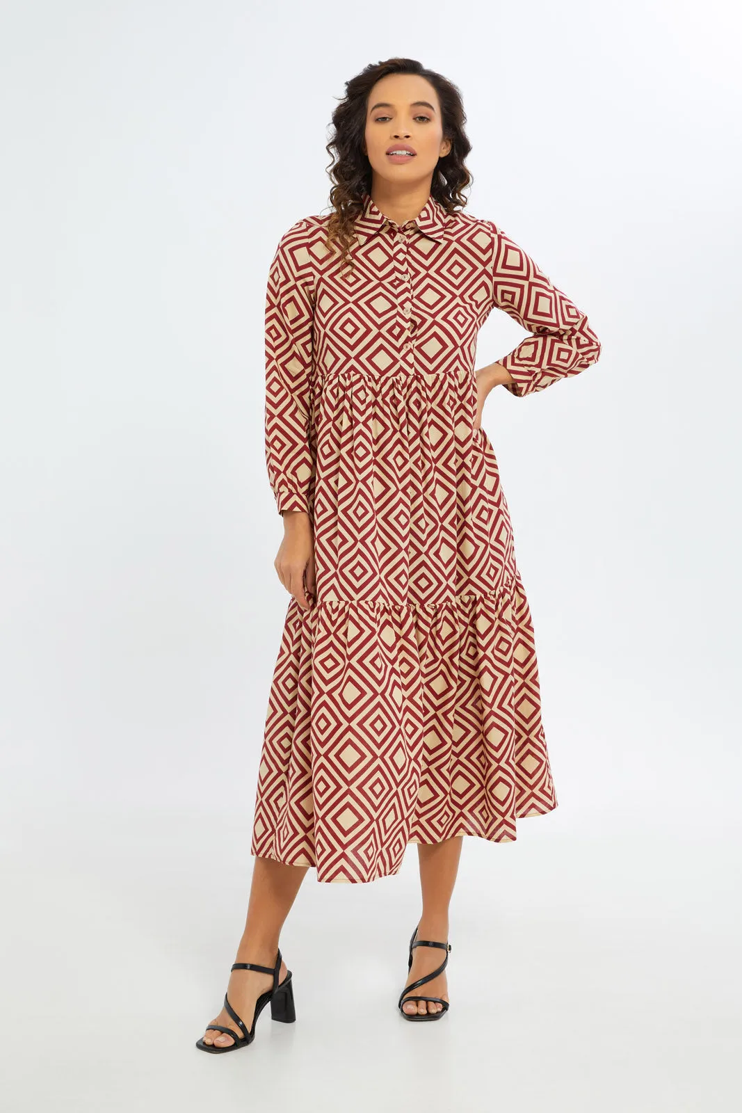 Women Brown And White Printed Tiered Dress