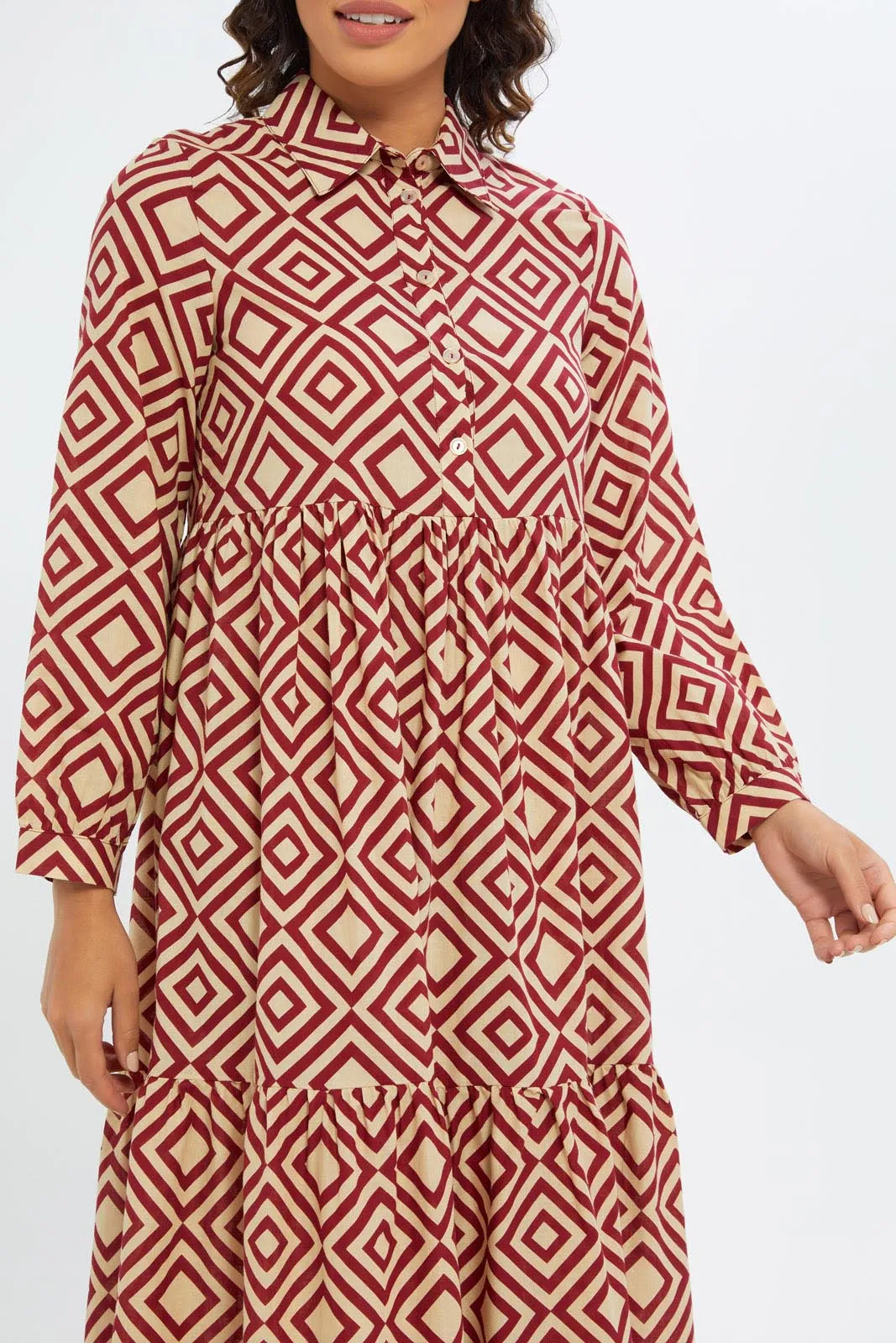 Women Brown And White Printed Tiered Dress