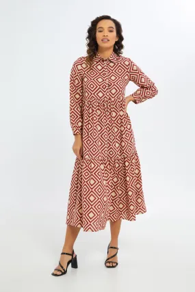 Women Brown And White Printed Tiered Dress