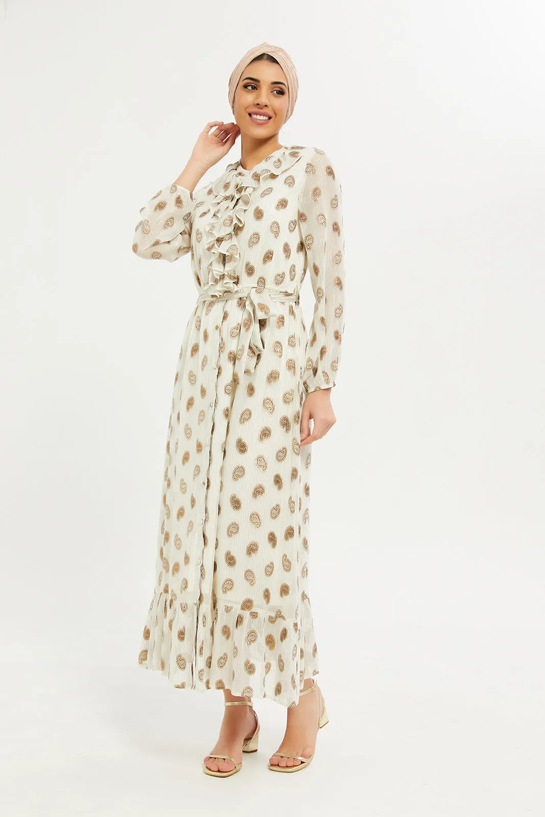 Women Ivory Lurex Printed Dress