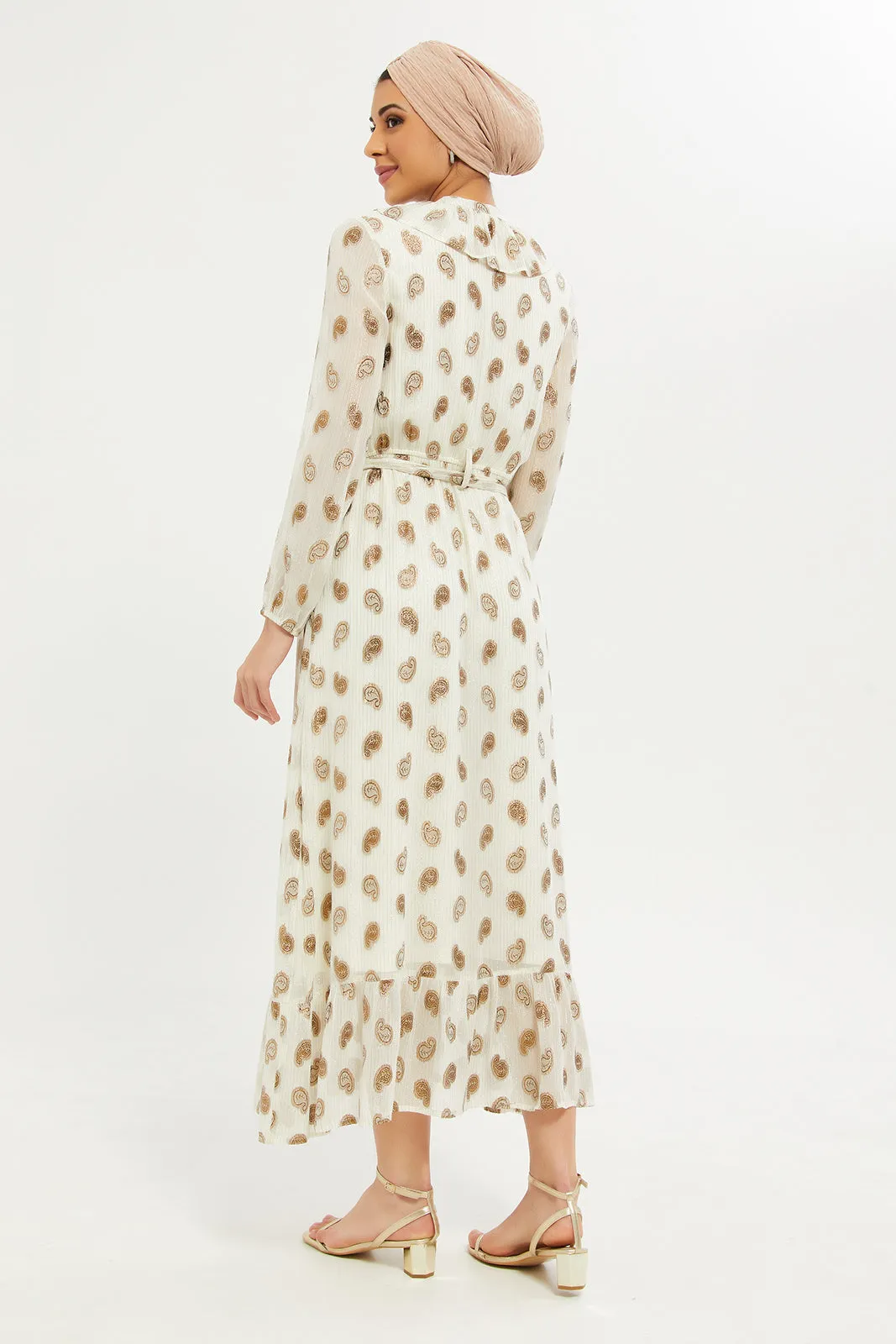 Women Ivory Lurex Printed Dress