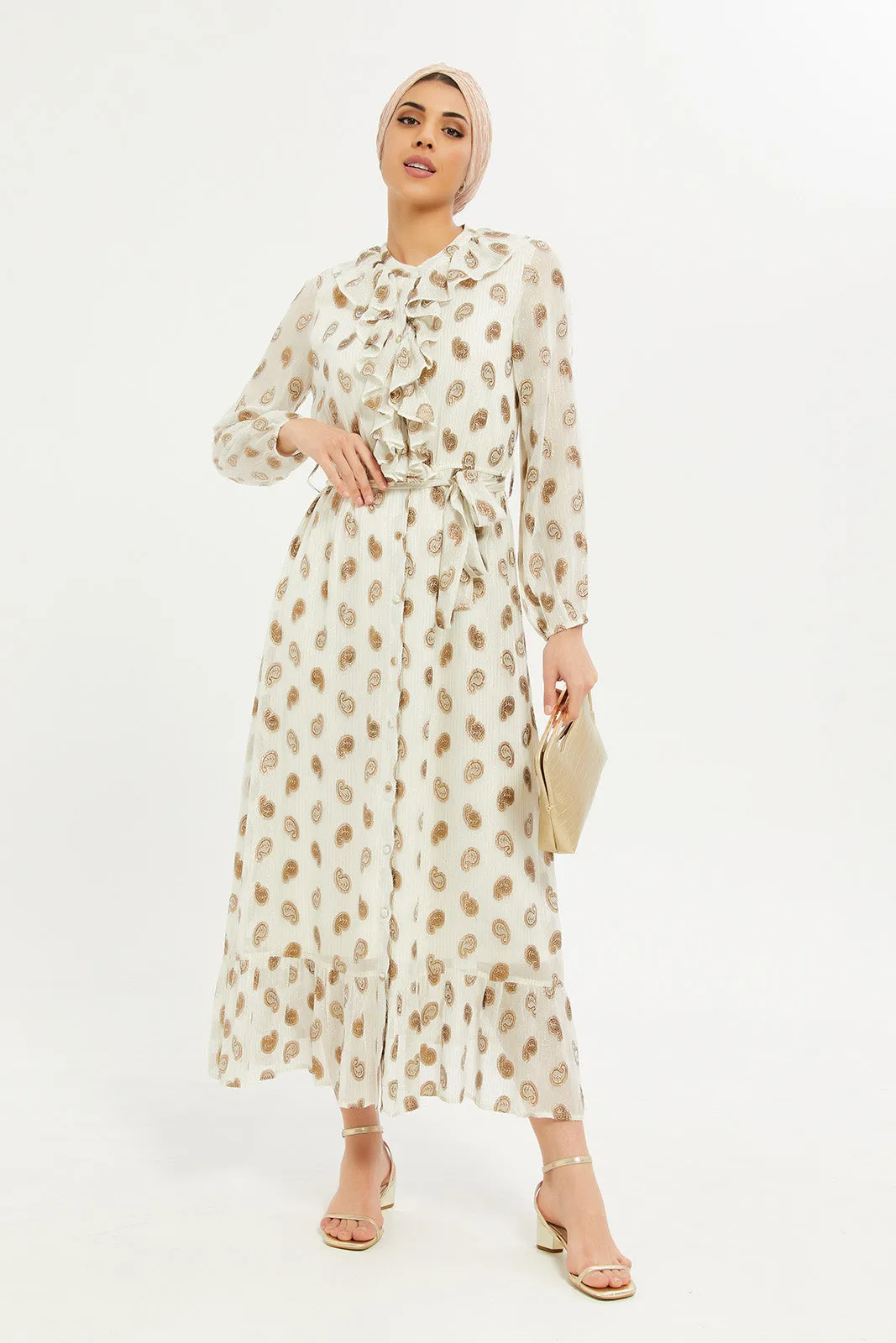 Women Ivory Lurex Printed Dress