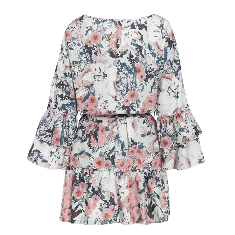 Women's Summer Casual Long-Sleeved Ruffled V-Neck Mini Dress