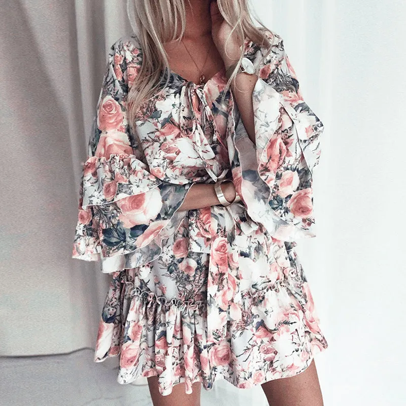 Women's Summer Casual Long-Sleeved Ruffled V-Neck Mini Dress
