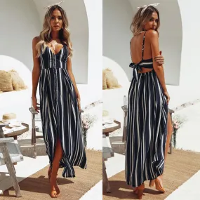 Women's Summer V neck High Waist Striped Backless Dress