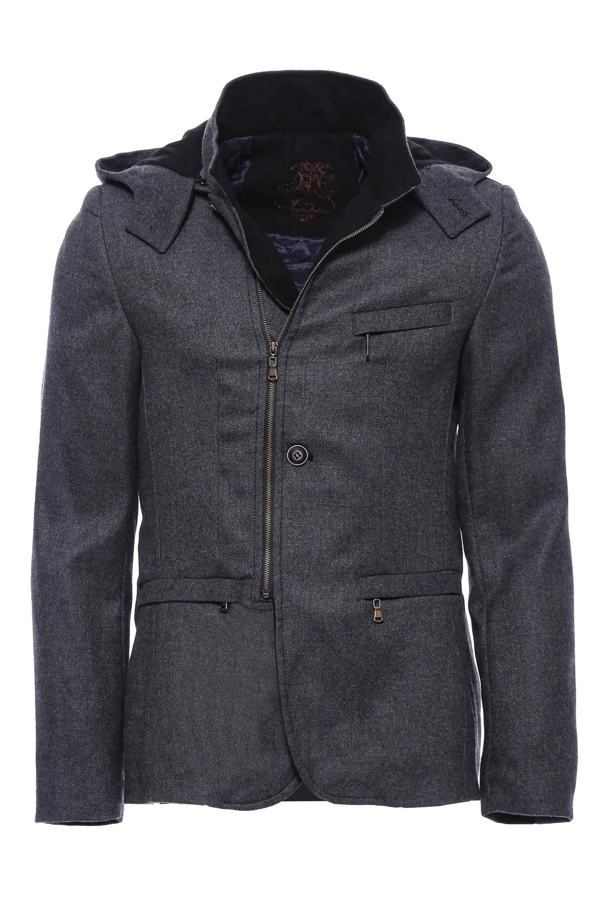 WSS 3 Pockets Hooded Zippered Wool Grey Men Short Coat- - Singen