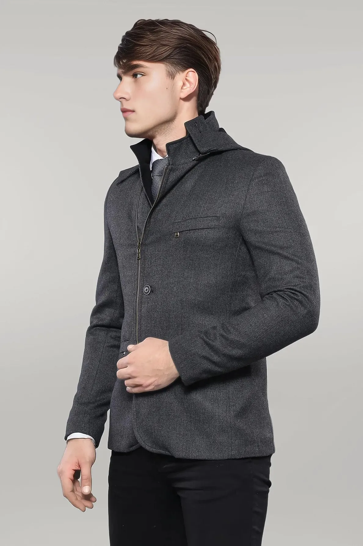 WSS 3 Pockets Hooded Zippered Wool Grey Men Short Coat- - Singen