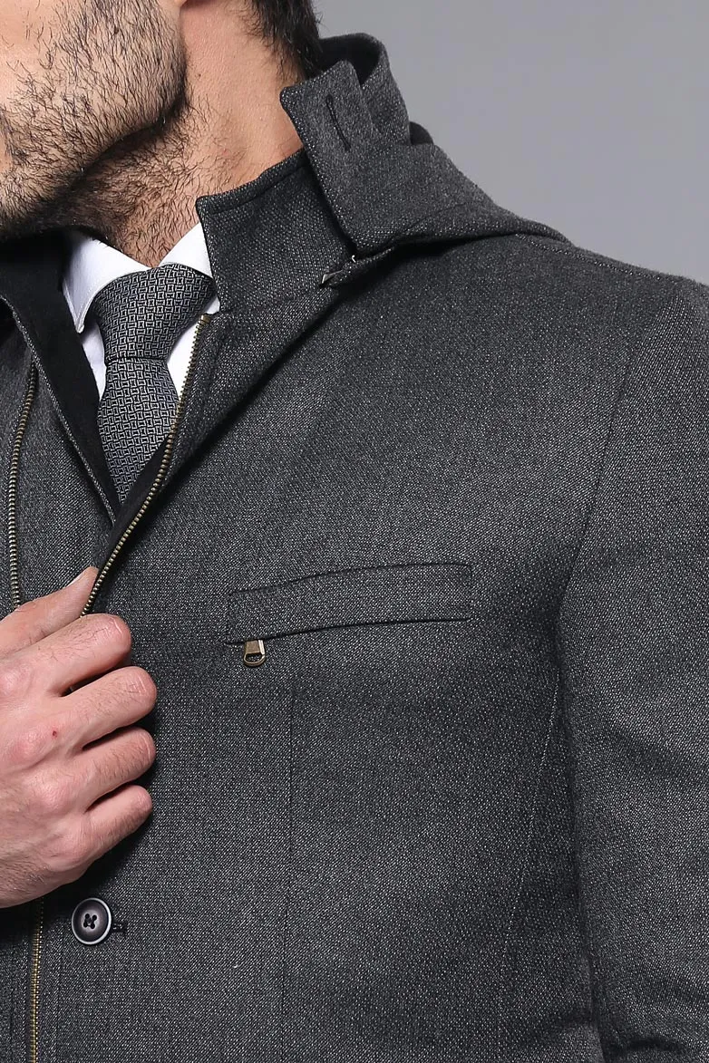 WSS 3 Pockets Hooded Zippered Wool Grey Men Short Coat- - Singen