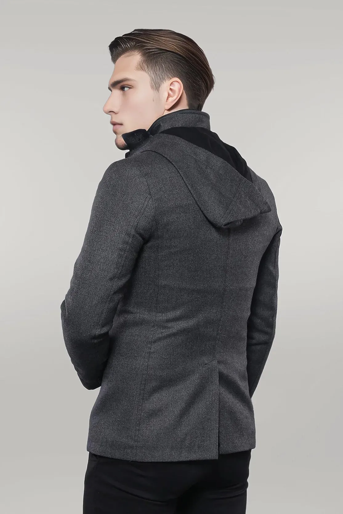 WSS 3 Pockets Hooded Zippered Wool Grey Men Short Coat- - Singen