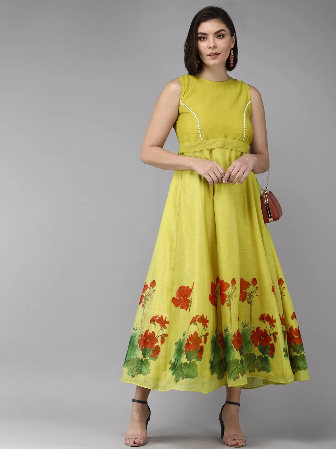 Yellow Floral Chanderi Silk Maxi Dress