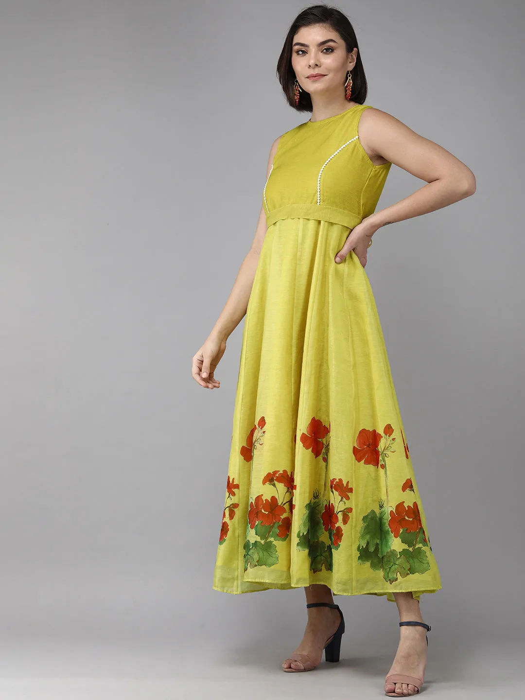 Yellow Floral Chanderi Silk Maxi Dress