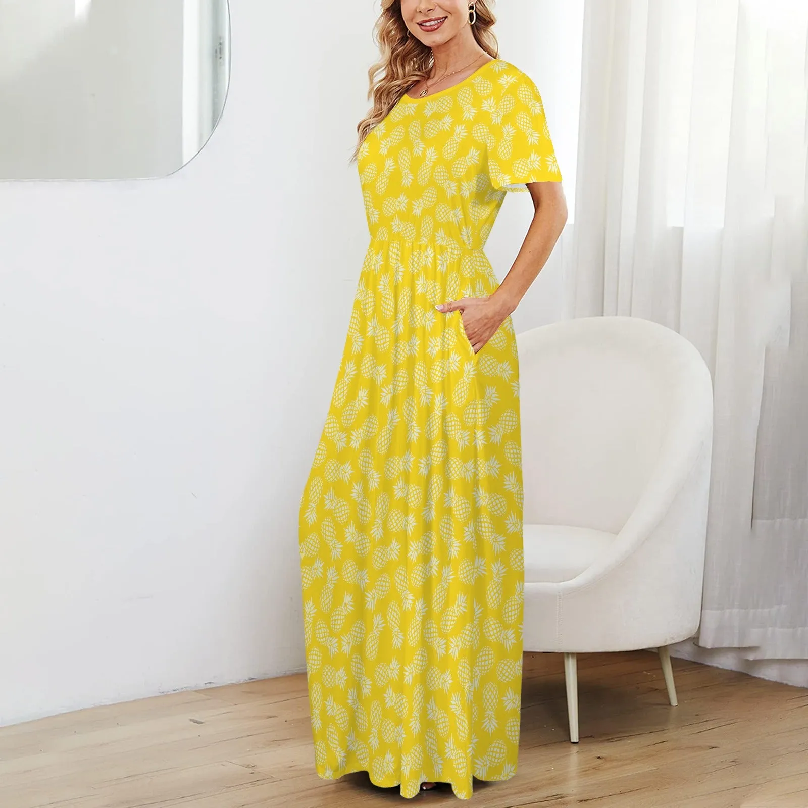 Yellow Pineapple Maxi Dress, Pineapple Print Dress, Summer Yellow Maxi Dress