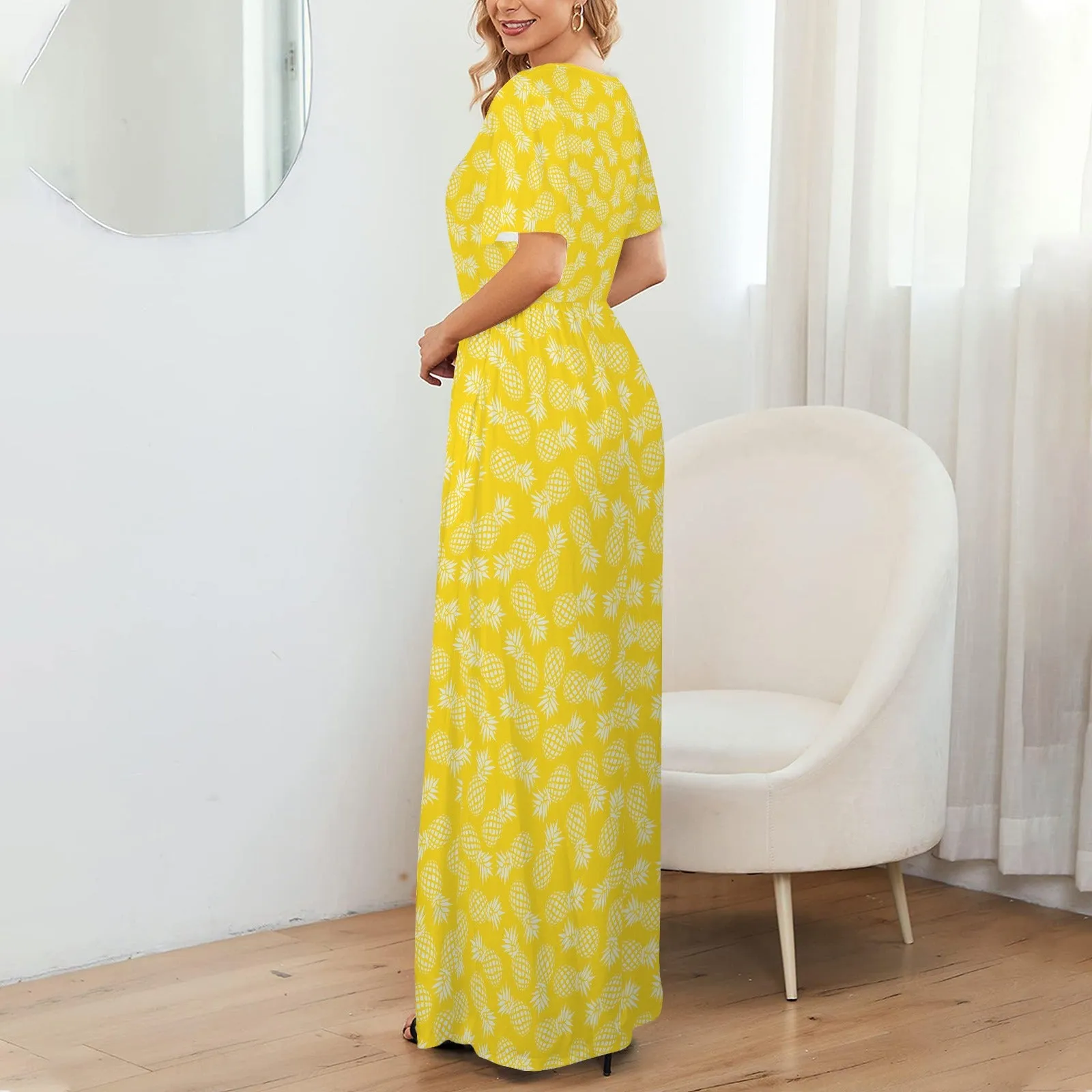 Yellow Pineapple Maxi Dress, Pineapple Print Dress, Summer Yellow Maxi Dress