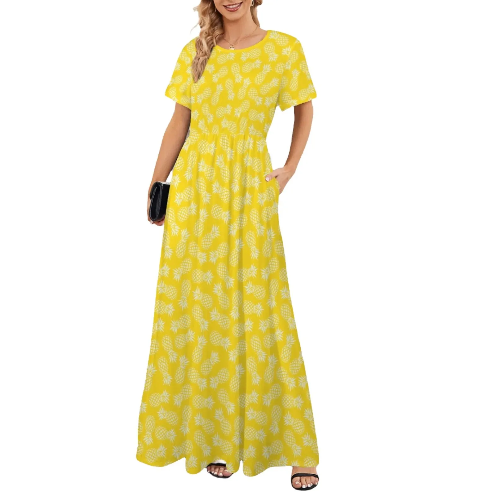 Yellow Pineapple Maxi Dress, Pineapple Print Dress, Summer Yellow Maxi Dress