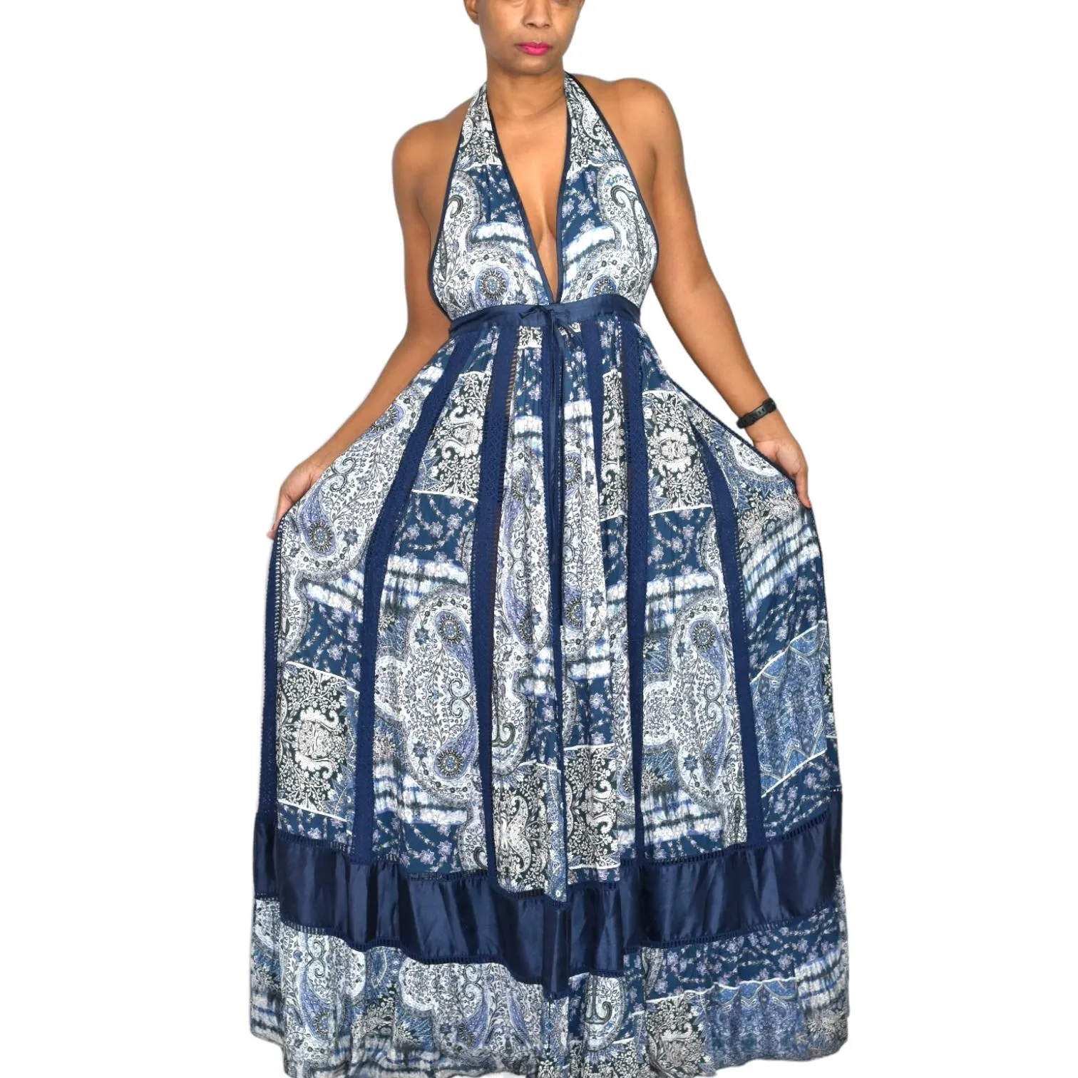 Young Fabulous Broke Maxi Dress Blue Paisley Patchwork YFB Low Cut Halter Crochet Size XS