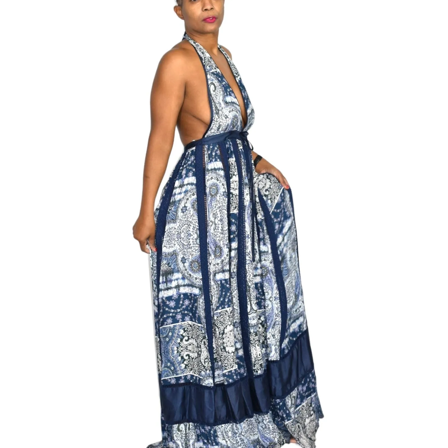 Young Fabulous Broke Maxi Dress Blue Paisley Patchwork YFB Low Cut Halter Crochet Size XS