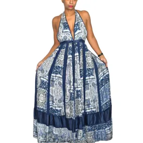 Young Fabulous Broke Maxi Dress Blue Paisley Patchwork YFB Low Cut Halter Crochet Size XS