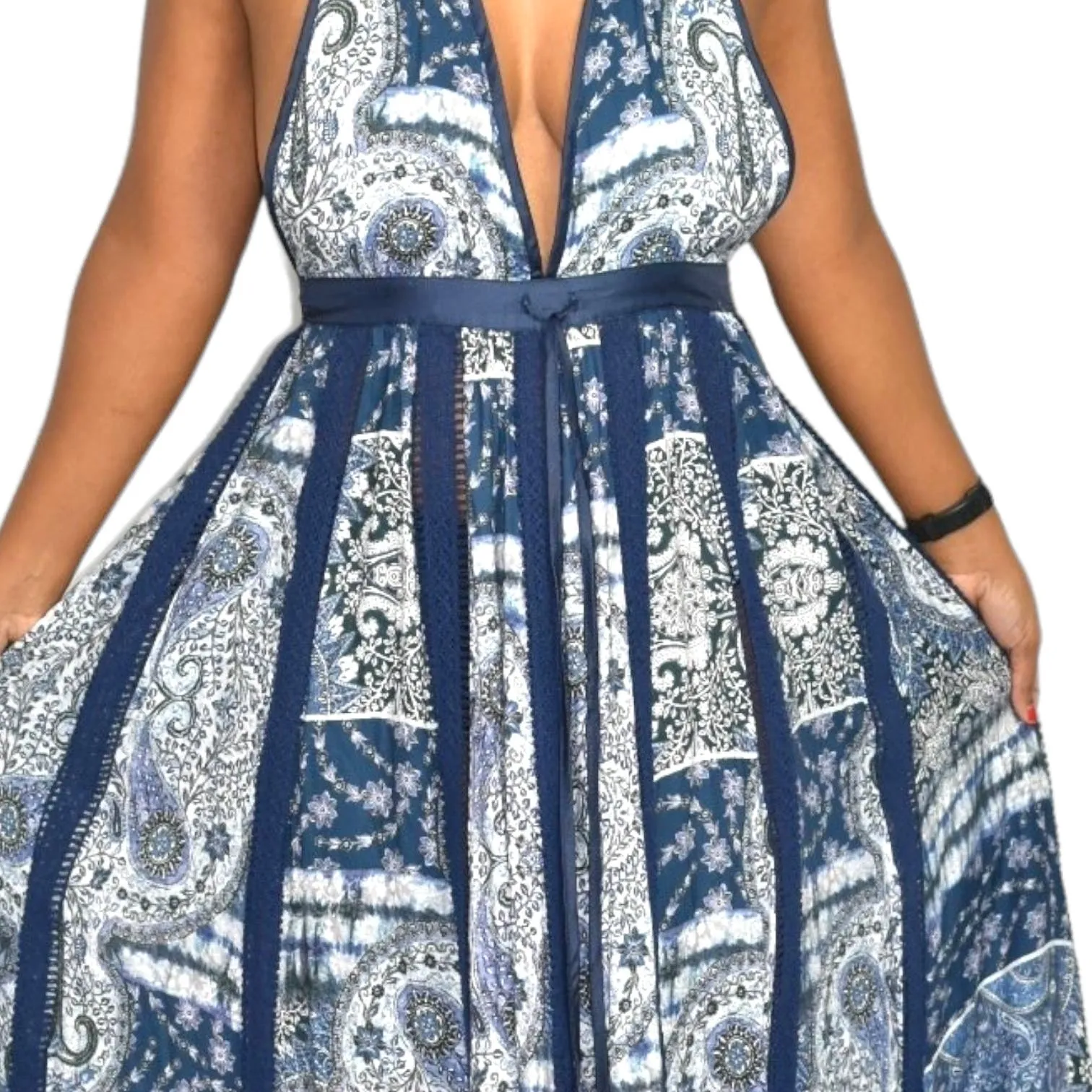 Young Fabulous Broke Maxi Dress Blue Paisley Patchwork YFB Low Cut Halter Crochet Size XS