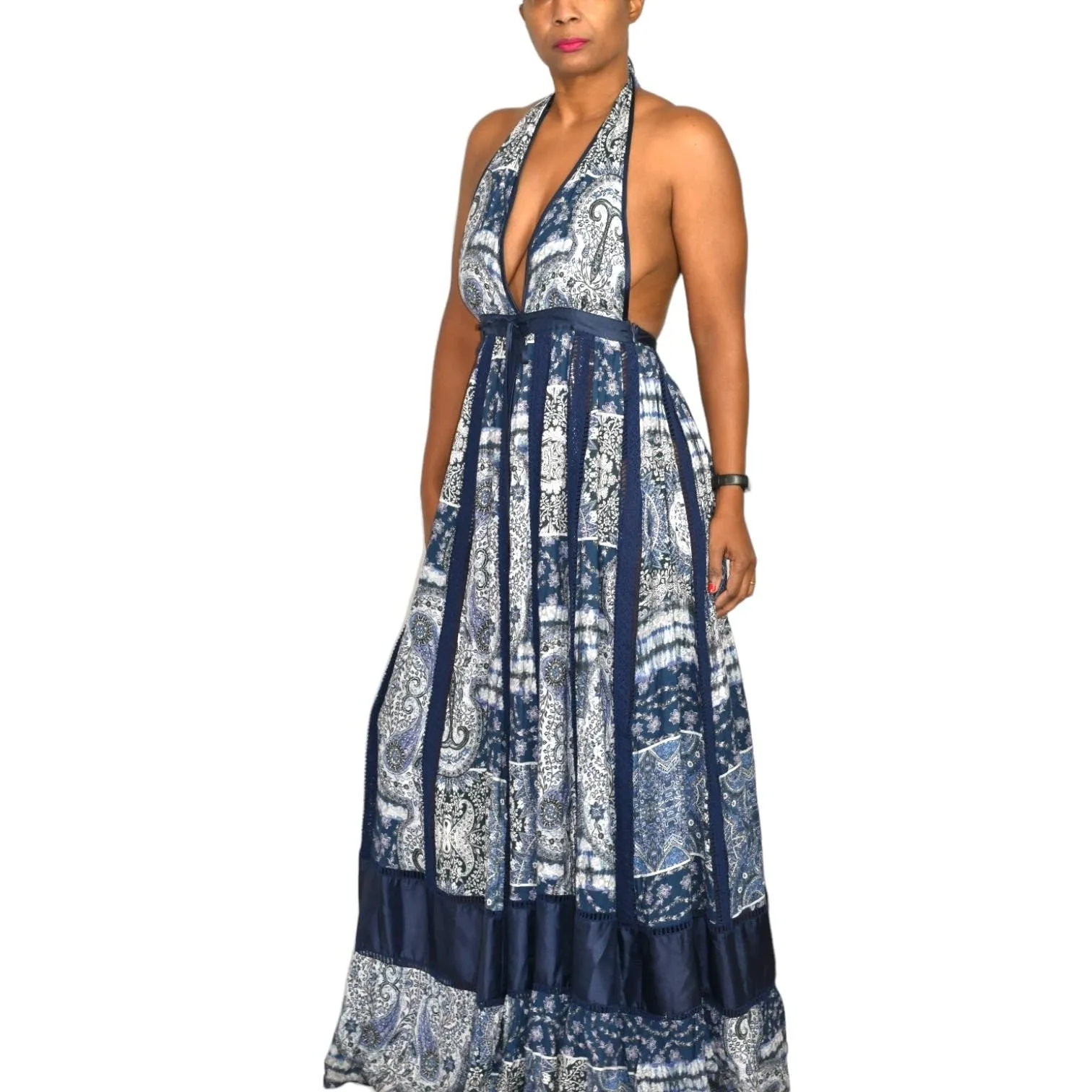 Young Fabulous Broke Maxi Dress Blue Paisley Patchwork YFB Low Cut Halter Crochet Size XS