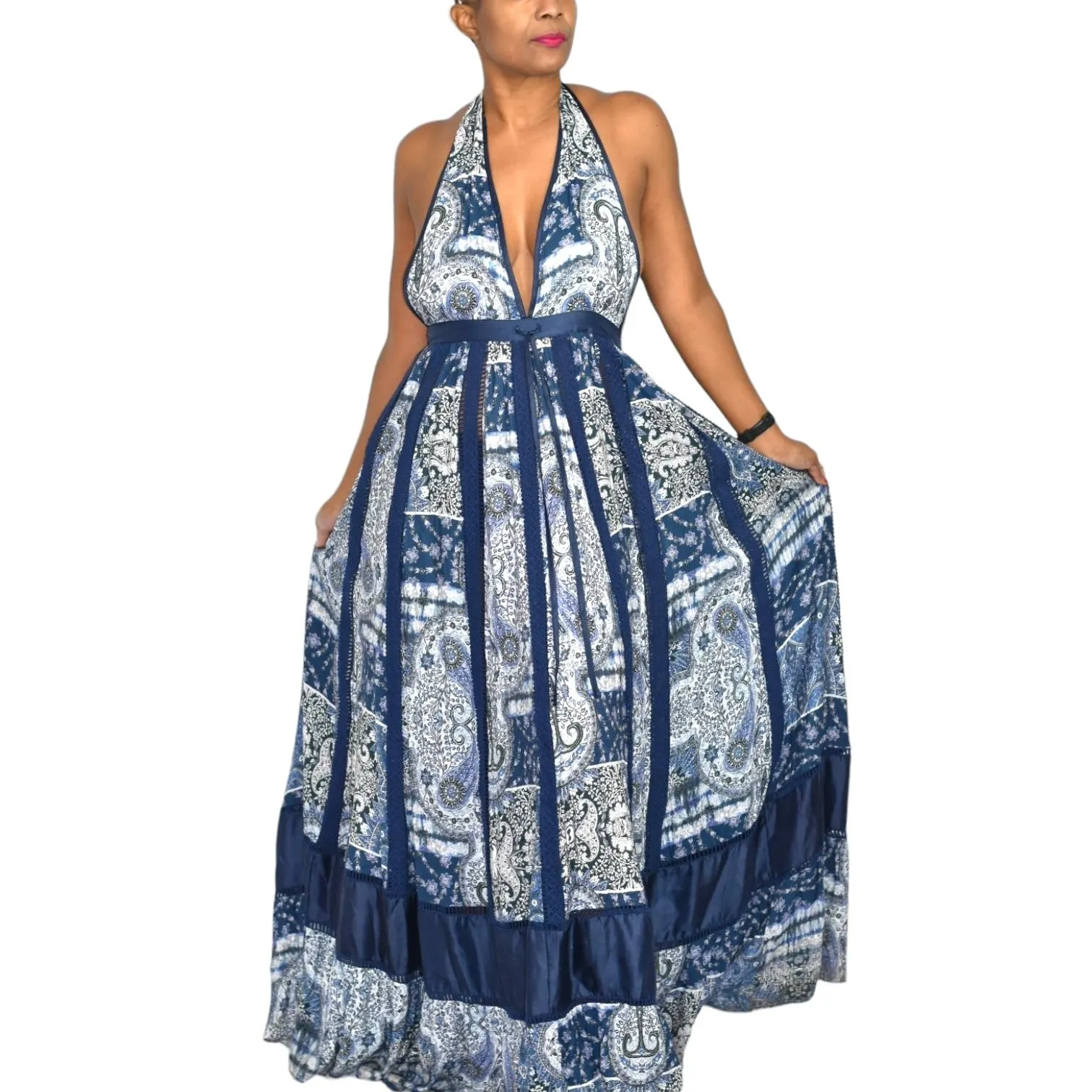 Young Fabulous Broke Maxi Dress Blue Paisley Patchwork YFB Low Cut Halter Crochet Size XS