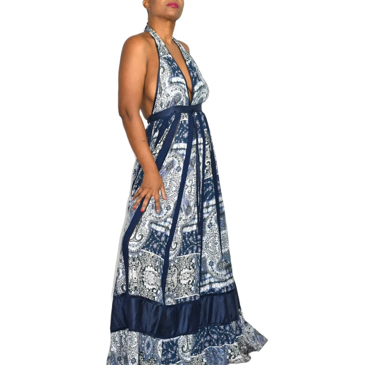 Young Fabulous Broke Maxi Dress Blue Paisley Patchwork YFB Low Cut Halter Crochet Size XS