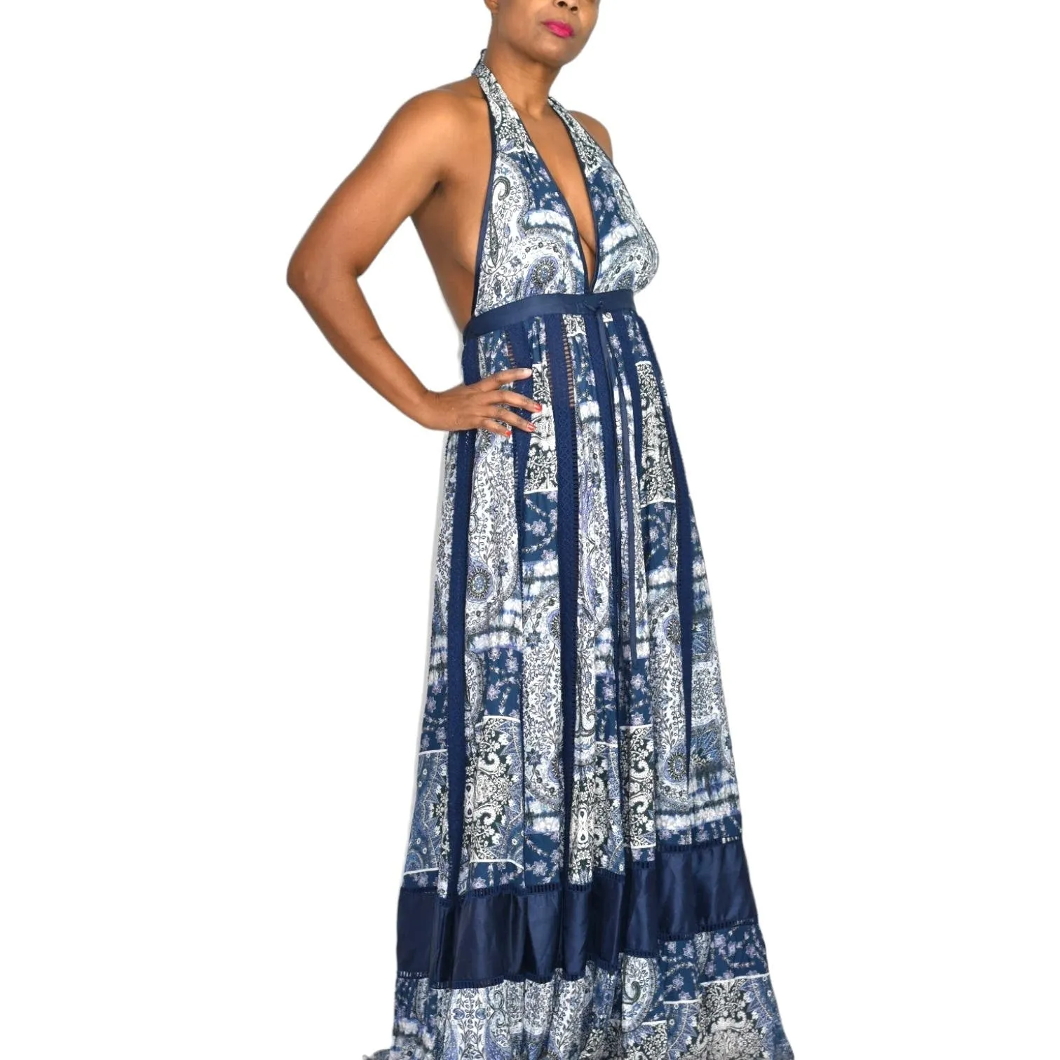 Young Fabulous Broke Maxi Dress Blue Paisley Patchwork YFB Low Cut Halter Crochet Size XS